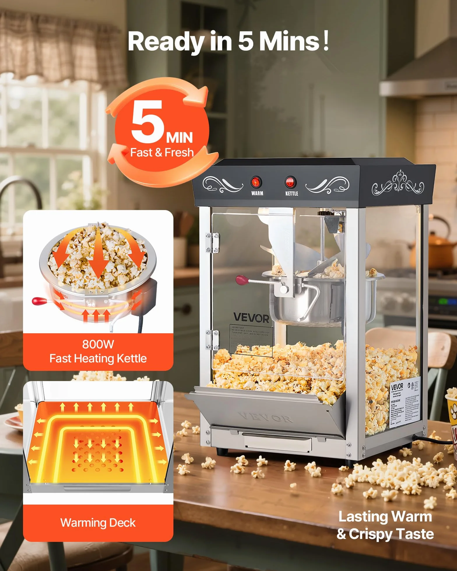 VEVOR Máquina de Palomitas Acero Inoxidable 800 W 48 Tazas Estilo Cine Negro