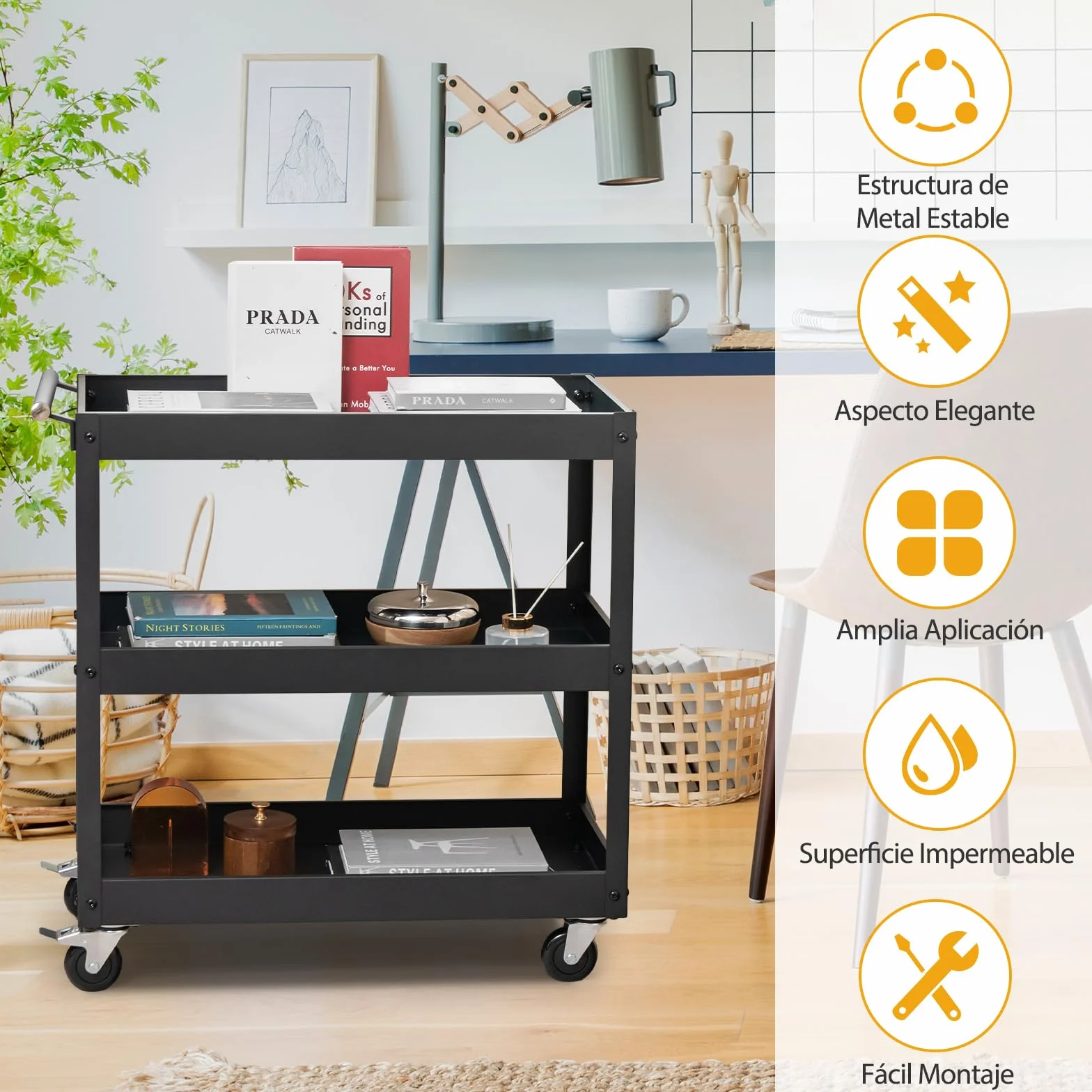 GOPLUS Carrito de Utilidad de 3 Niveles, Carro de Herramientas Organizador con 4 Ruedas Universales y Mango Lateral Toallero, Carrito de Servicio Rodante para Garaje, Baño, Almacén, Negro (Negro)
