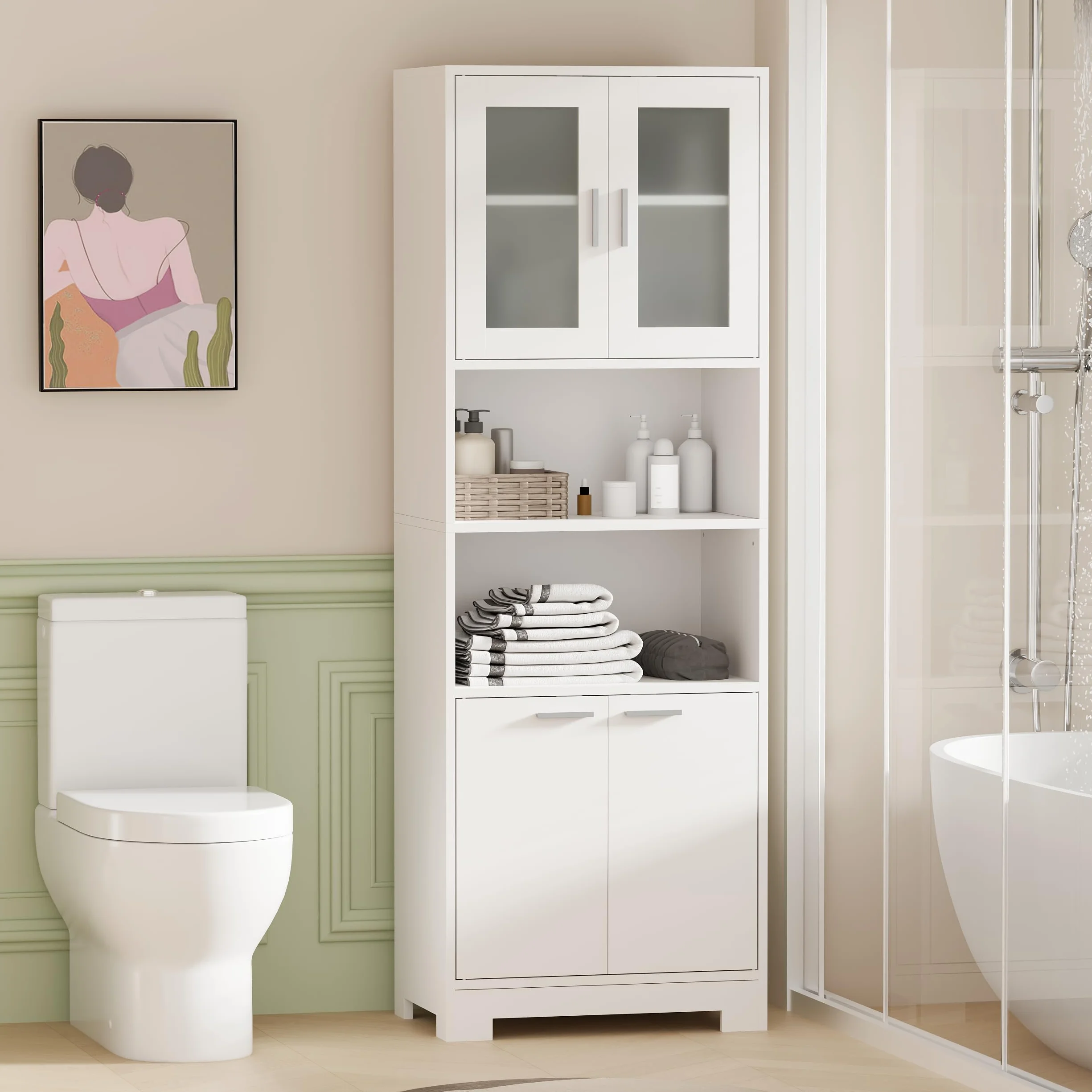 BEWISHOME Armario Alto de Baño 40x60x180 cm Blanco con 2 Estantes Ajustables
