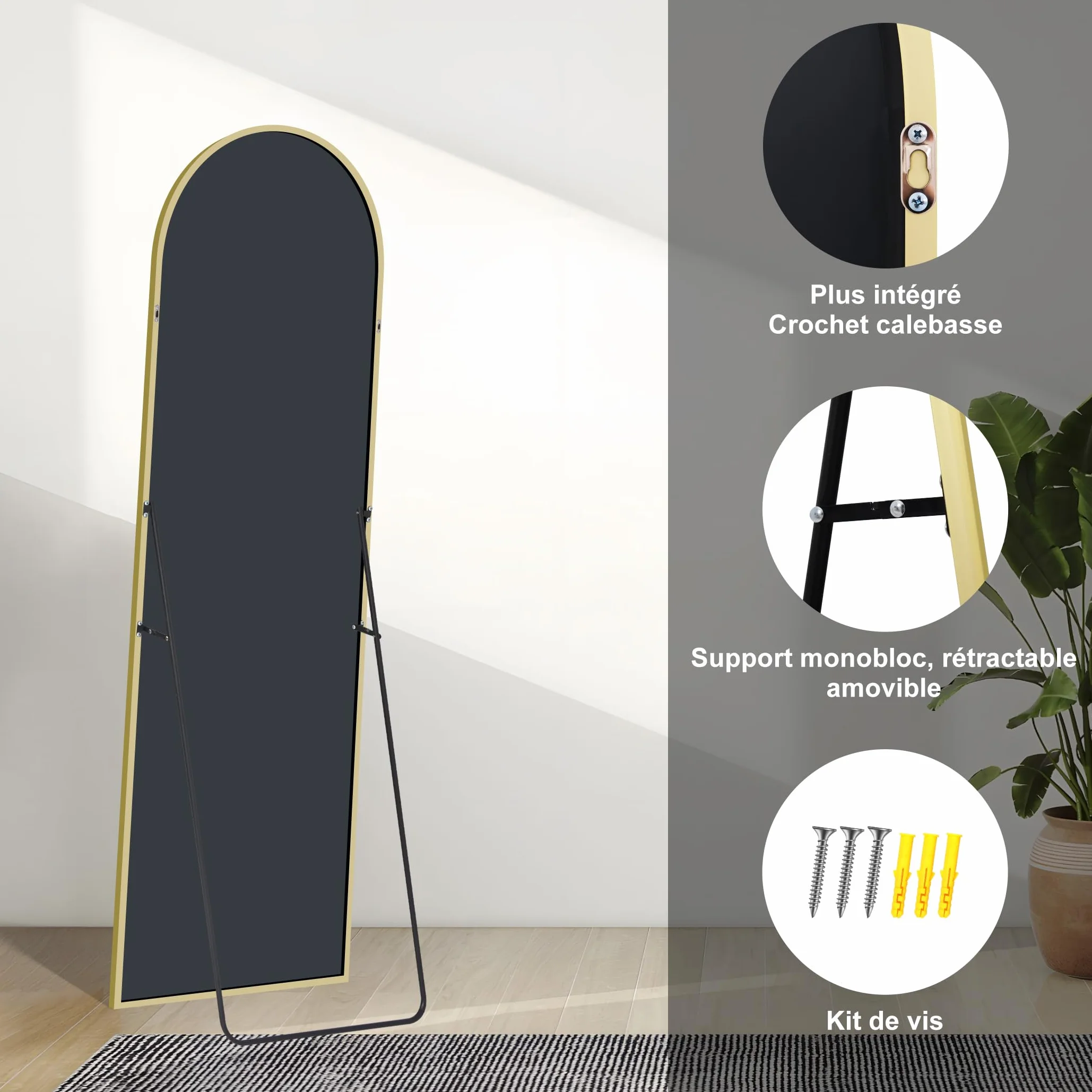 Weare Home Espejo de Cuerpo Entero, 150 x 40 cm, Espejo de Pie Curvado, Espejo de Pared con Marco de Aluminio Dorado y Soporte para Sala Dormitorio