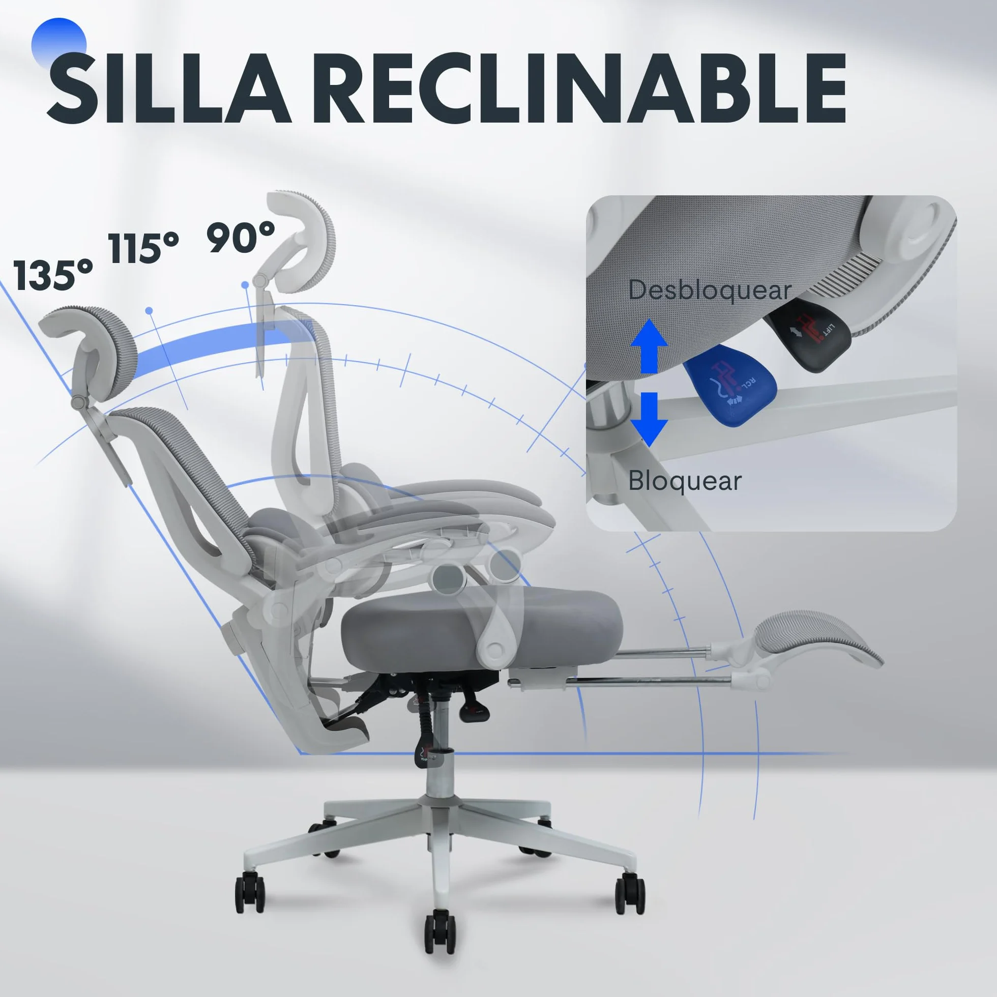 FLEXISPOT OC4 Silla Ergonomica Escritorio con Reposapiés, Silla Escritorio con Soporte Lumbar 3 Zonas, Reclinable 135°, Cojín Transpirable, Altura Ajustable, Ideal Oficina y Teletrabajo, Gris