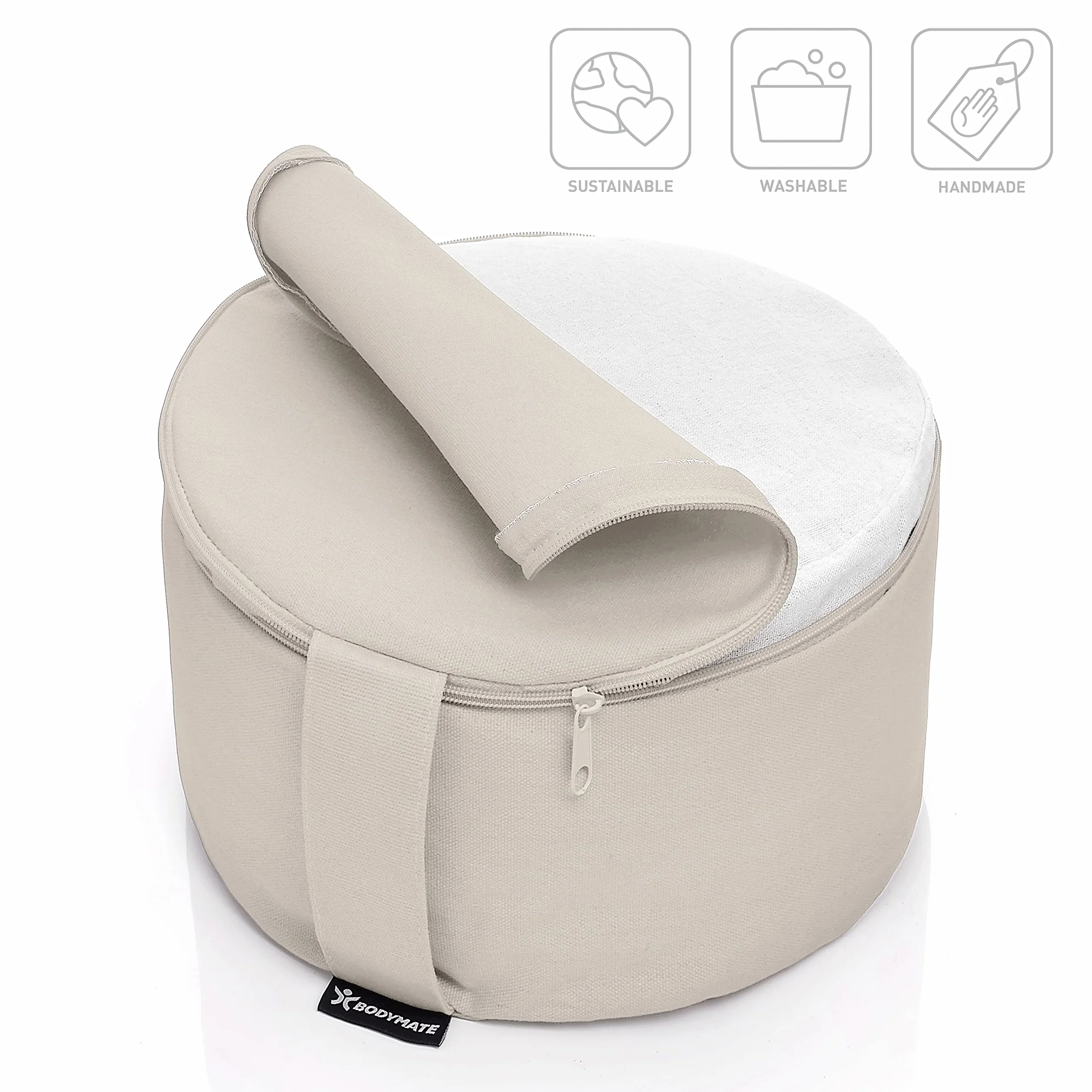 BODYMATE Cojín de yoga redondo de 31 cm de diámetro, 16 cm de alto, color beige con relleno de piel de trigo sarraceno, funda lavable a máquina, 100% algodón extragrueso, cojín de meditación, cojín de