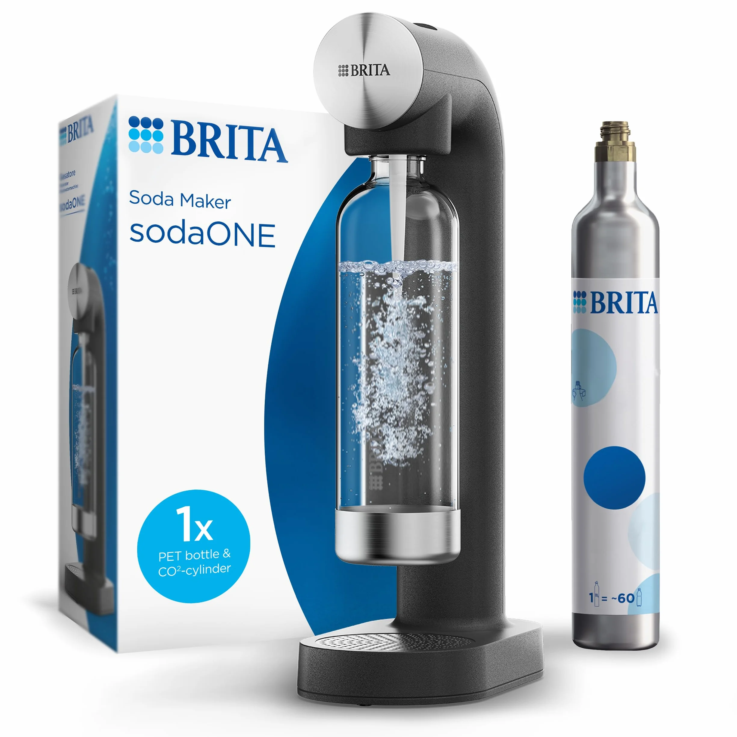 BRITA sodaONE Aireador de agua gas chispeante Negro con cilindro CO2 botella PET sin BPA