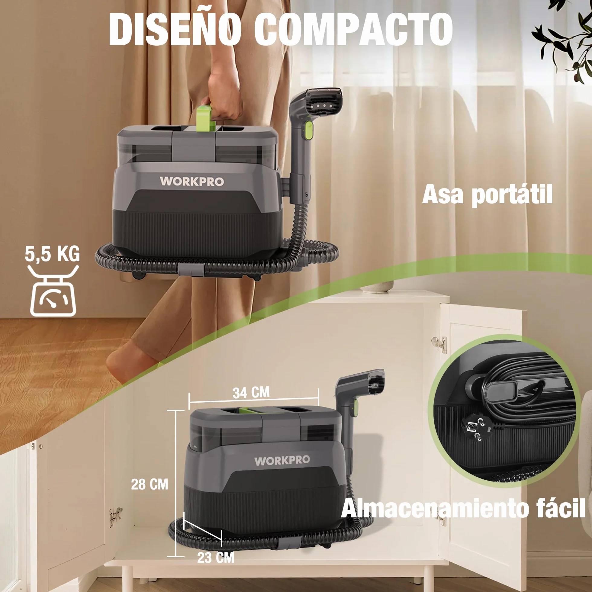 WORKPRO Limpiador de Tapicerías y Alfombras a Vapor con Aspirador 4 en 1, Potente Succión 16 kPa, Accesorios para Suciedad de Mascotas, Sofás, Colchones, Cortinas, Asientos de Coche