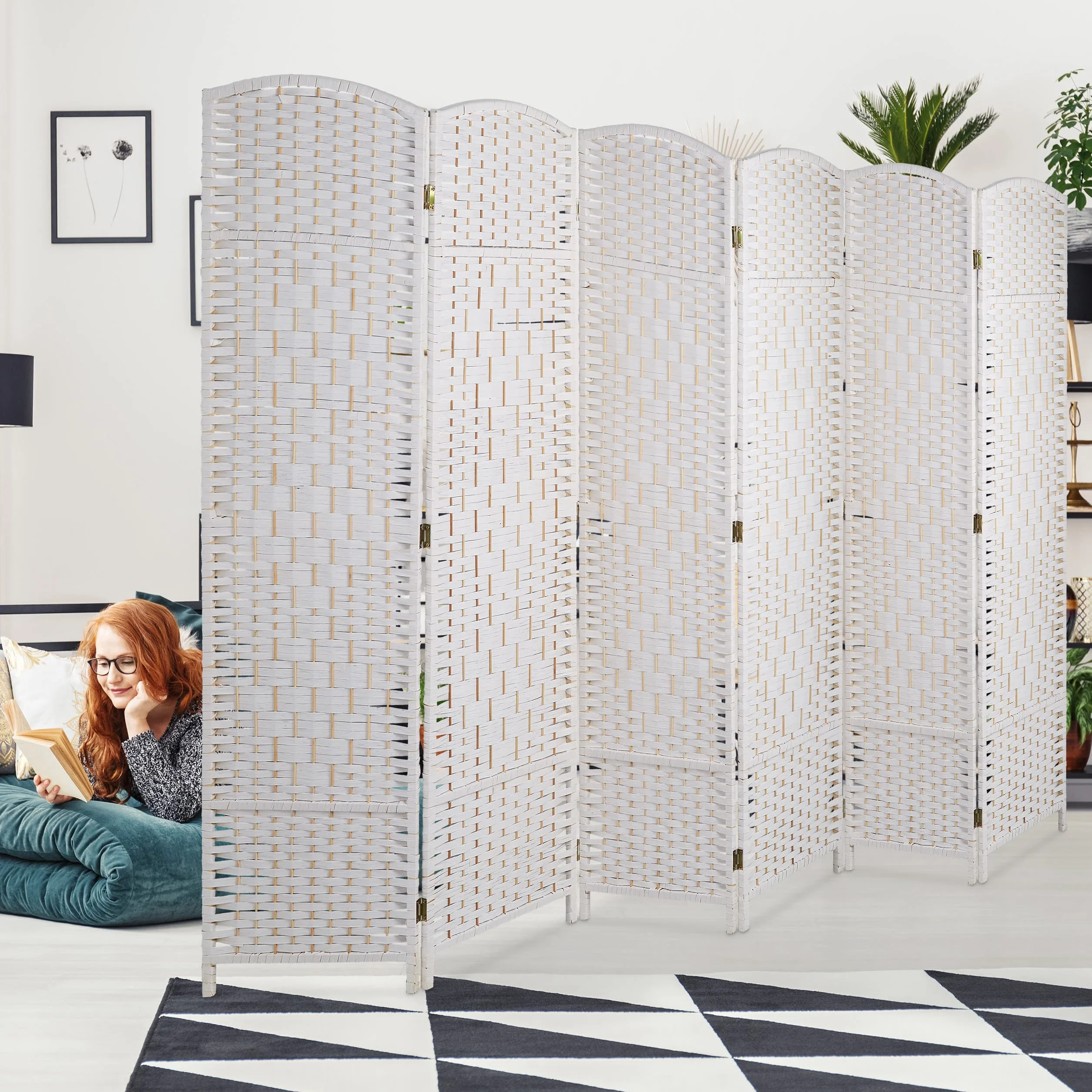 Relaxdays Biombo 6 Paneles, 170 x 240 cm, Separador Ambientes Plegable, Madera y Cuerda de Papel, Mampara en Blanco