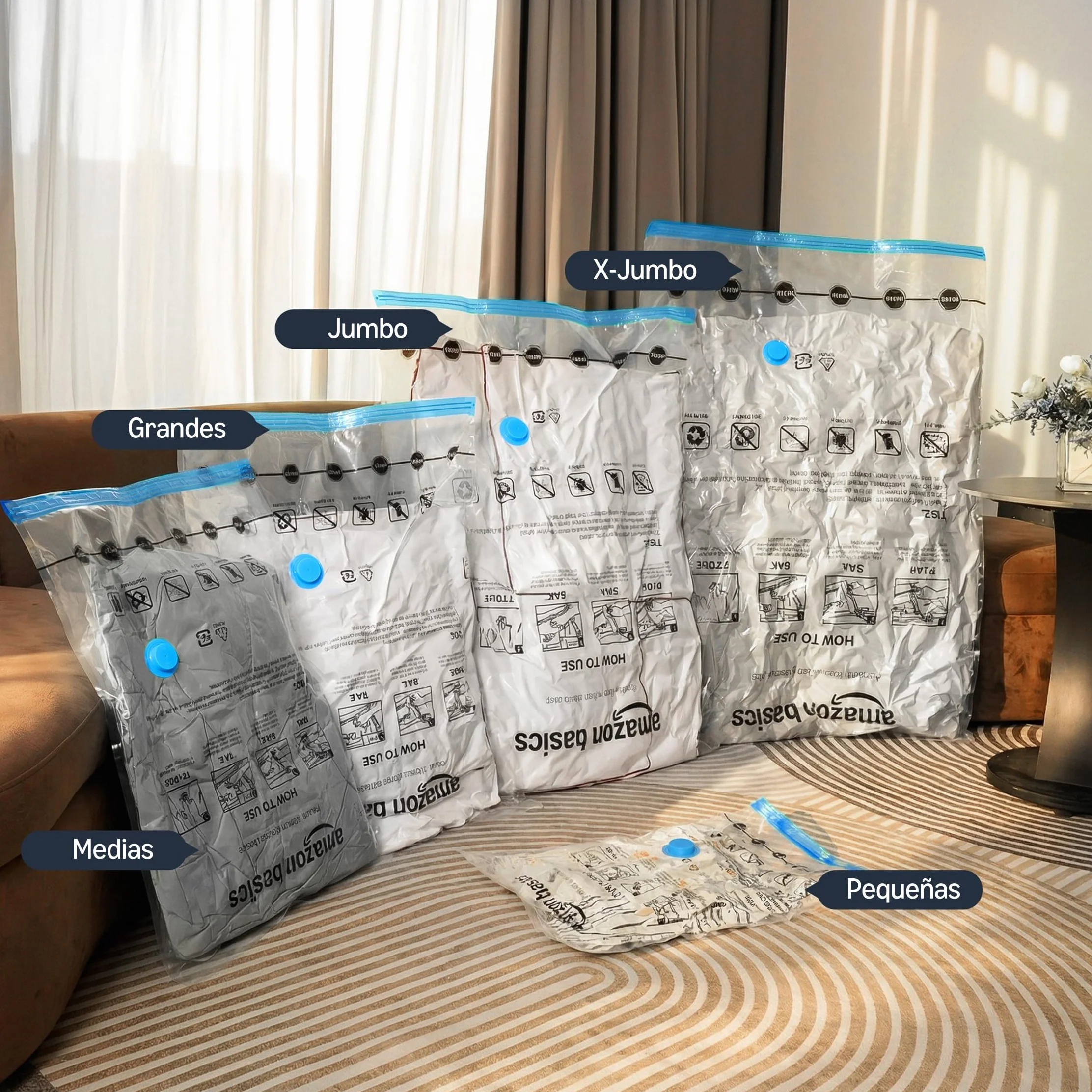Amazon Basics Bolsas de vacío para Almacenamiento de Ropa, Paquete de 6, Extragrande, Jumbo, Transparente