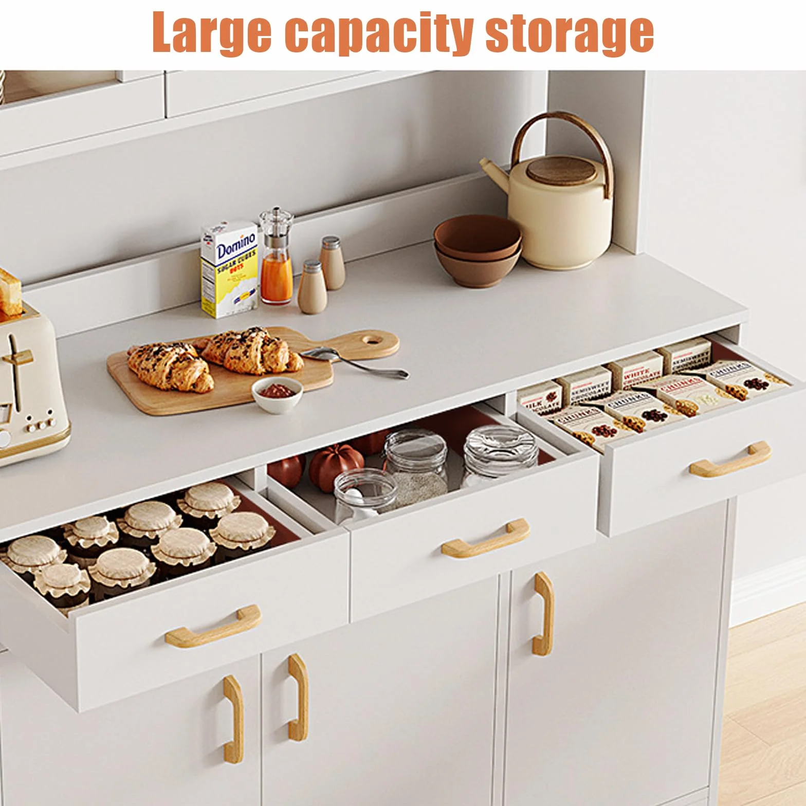Armario de cocina, armario de 170 cm, armario alto de madera, armario multiusos con cajones y puerta de cristal, armario abierto con encimera, color blanco