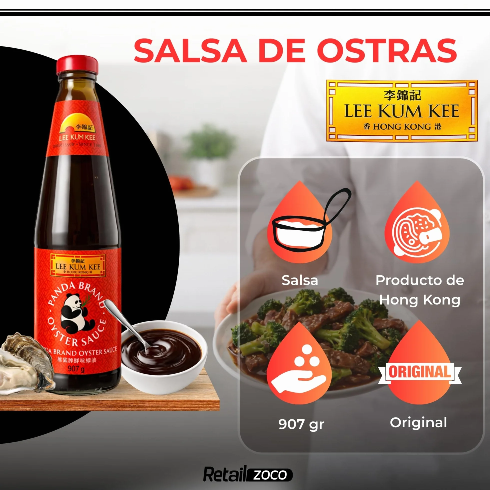 Salsa de ostras Panda Lee Kum Kee 907 g, sabor umami, ideal para carnes, verduras y salteados