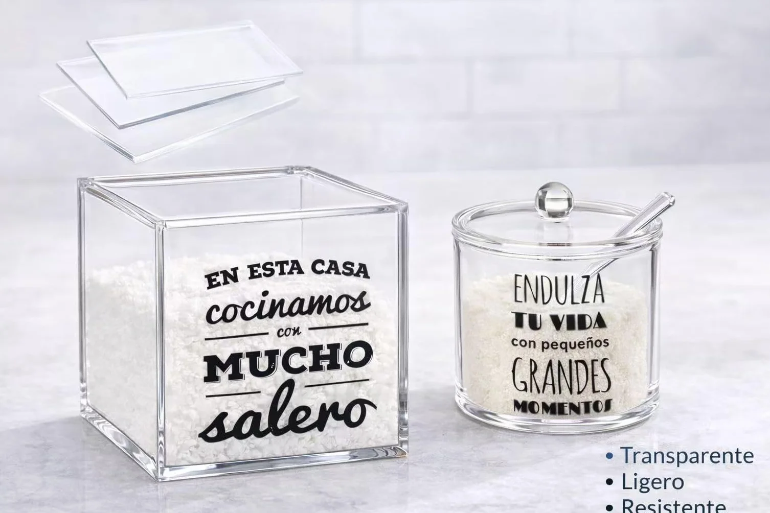 Juego de Salero y Azucarero de Cocina Acrílico Transparente con Cuchara y Tapa