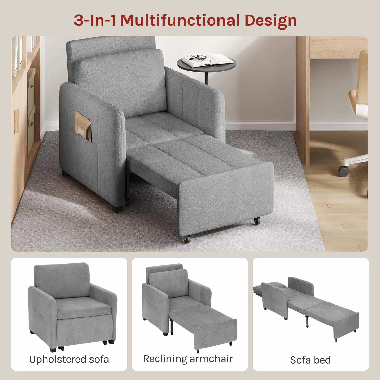 WOLTU Sofá Cama 3 en 1 con Función Inclinable, Sofa Cama Individual de 1 Plaza, Sillón Plegable de Tejido de Rizo y Acolchado de Esponja, Gris Claro