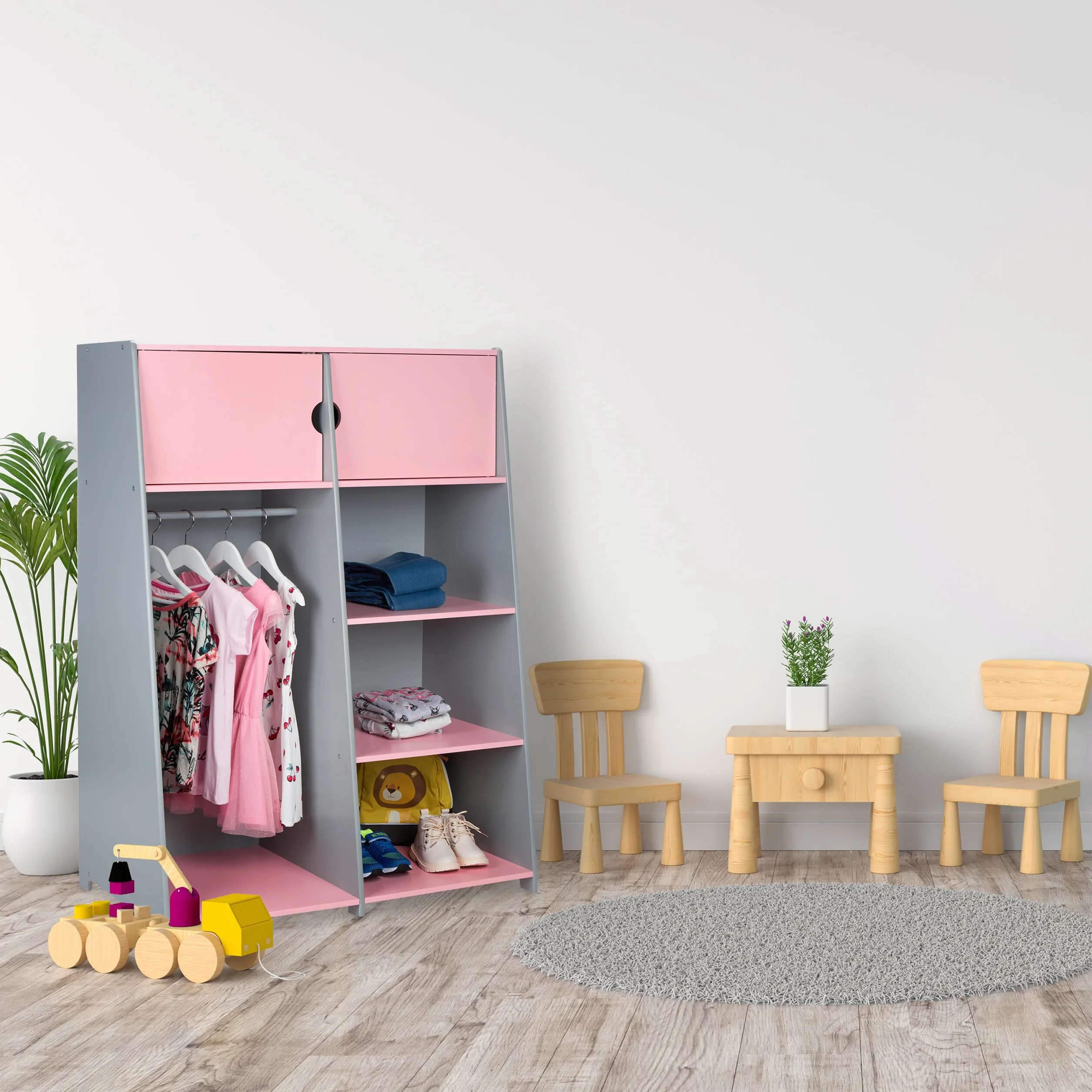 Relaxdays Armario Ropero Infantil con Cajones 120x90x48 cm MDF Gris y Rosa