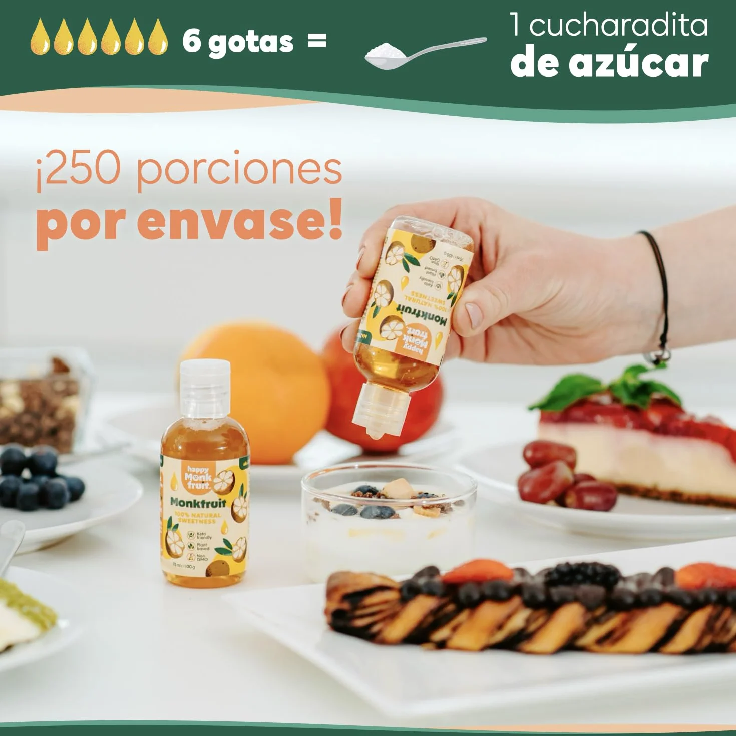 Happy Monkfruit® Fruta del Monje Gotas Edulcorante 75ml 250 Porciones 15x Más Dulce que el Azúcar Sin Eritritol ni Stevia Endulzante Natural Keto Vegano