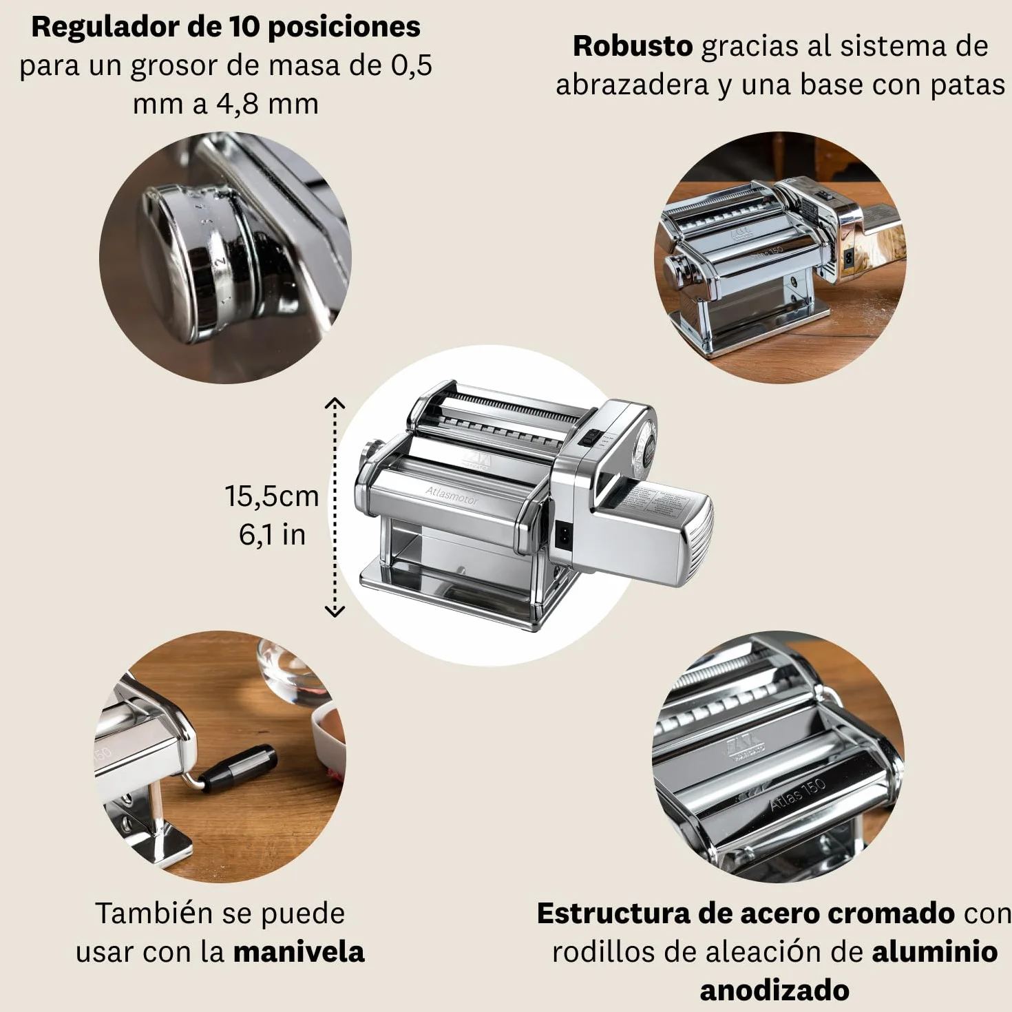 Marcato Atlas 150 + Motor Máquina eléctrica para pasta de acero inoxidable