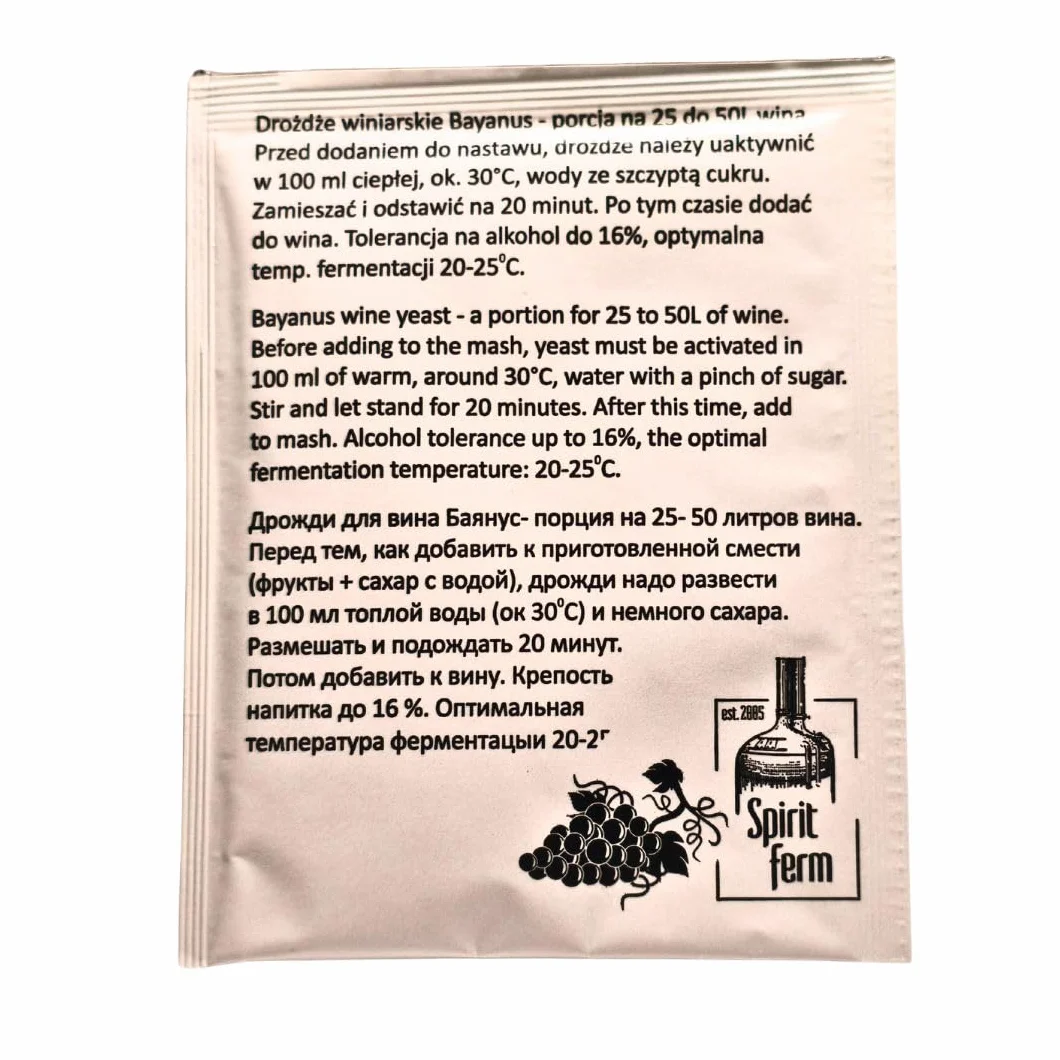 Levadura Enológica Bayanus 10g G955 do Wina Musującego, Fermentacji