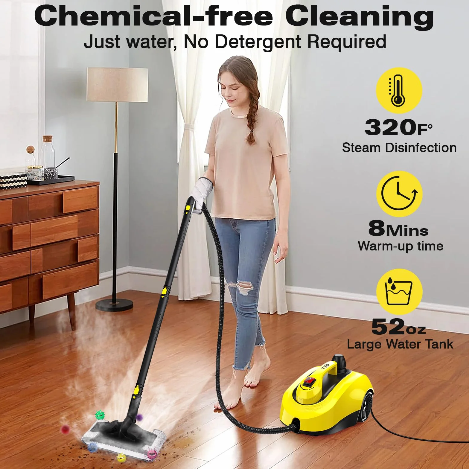 TVD Limpiador de vapor, limpiador de tejidos, con un cable de alimentación extralargo de 5 metros. Adecuado para hornos, alfombras, sofás, baños, superficies de tela y mucho más.