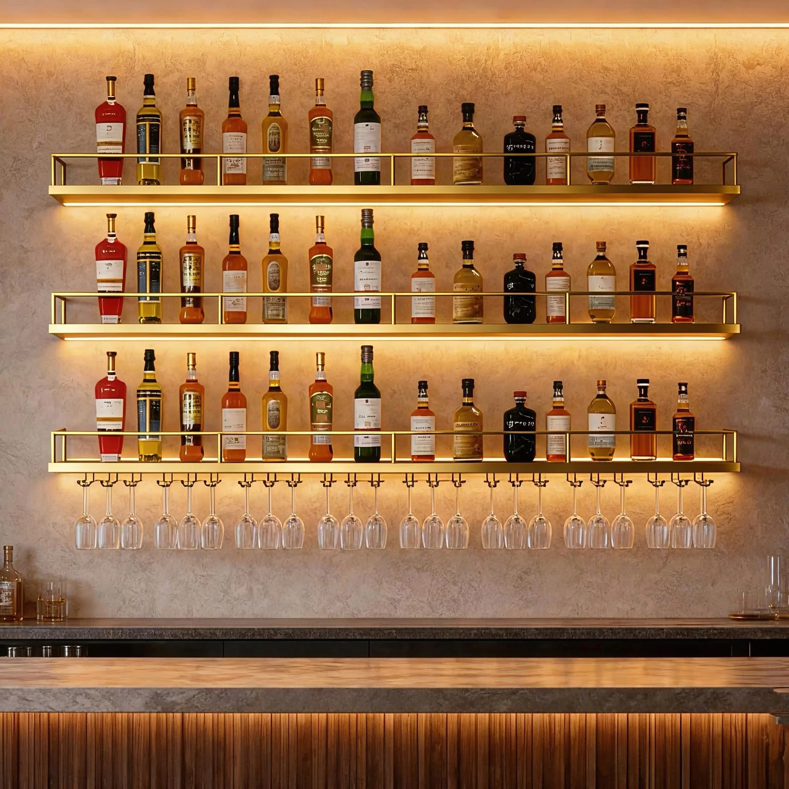 Portabotellas de Pared con Luces LED y Portavasos - Exhibidor de 3 Estantes para Vino, Estructura Metálica, 120cm, Oro