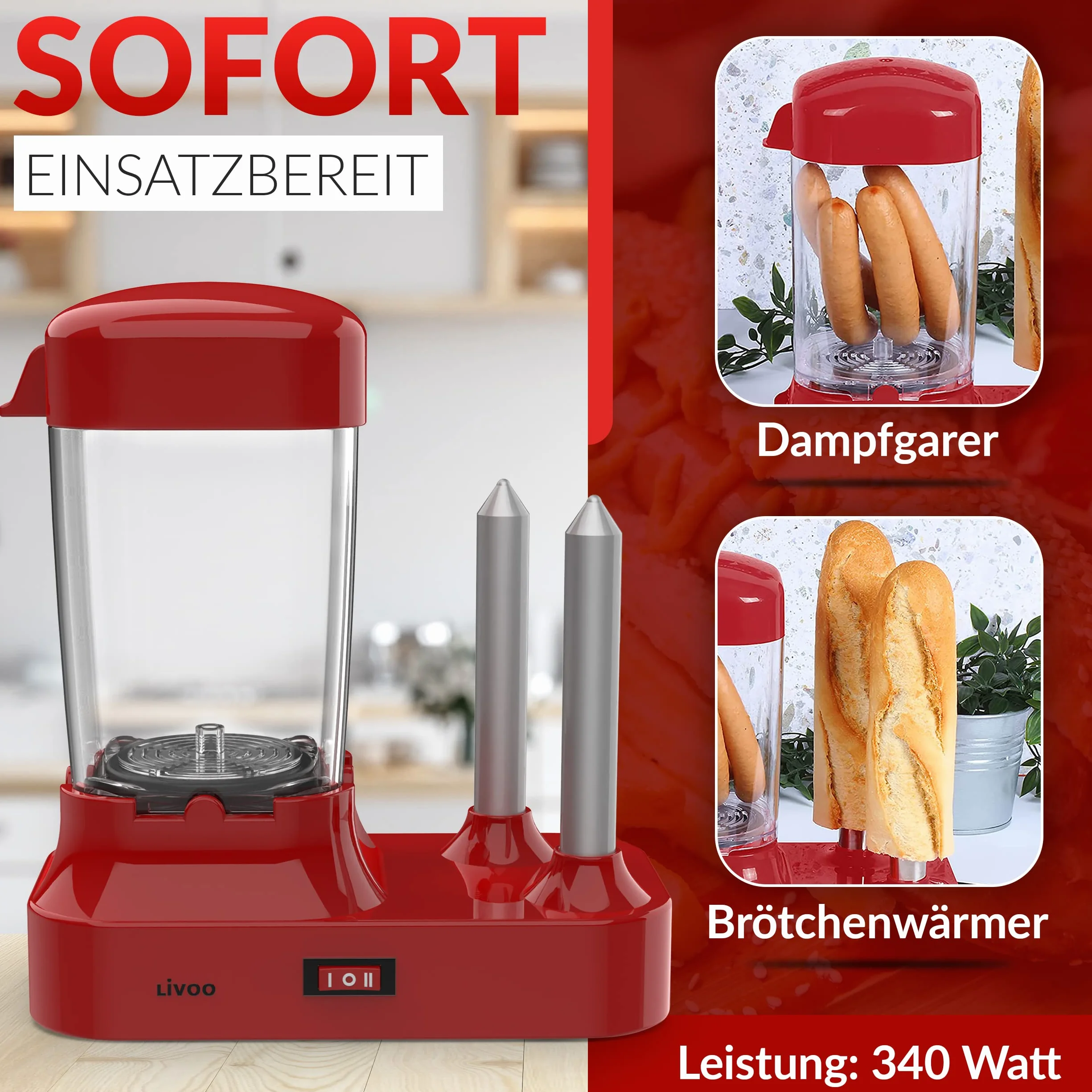 Hot Dog Maker con 2 calentadores de panecillos - Máquina para 6 salchichas - Recipiente térmico extraíble - Calentador de salchichas eléctrico con pinchos de acero inoxidable para calentar panecillos