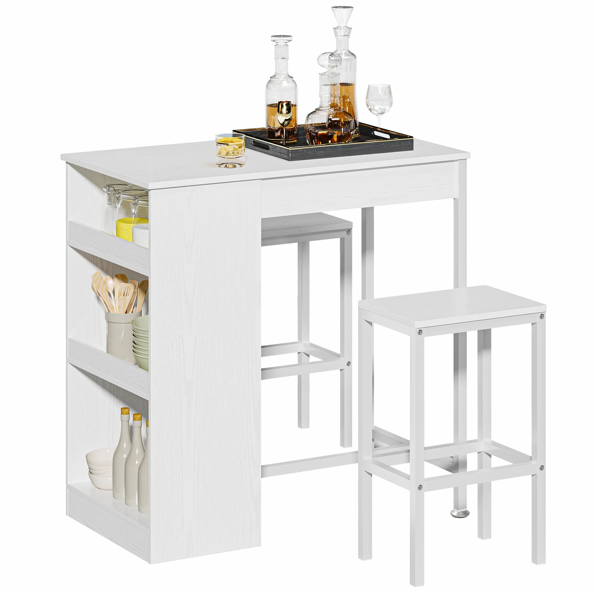 YITAHOME Juego de Mesa de Bar con taburetes de Bar, Mesa de Bar de 3 Piezas, Mesa de Comedor con 2 taburetes, 3 estantes, Taburete de Bar con Marco de Metal, Blanco