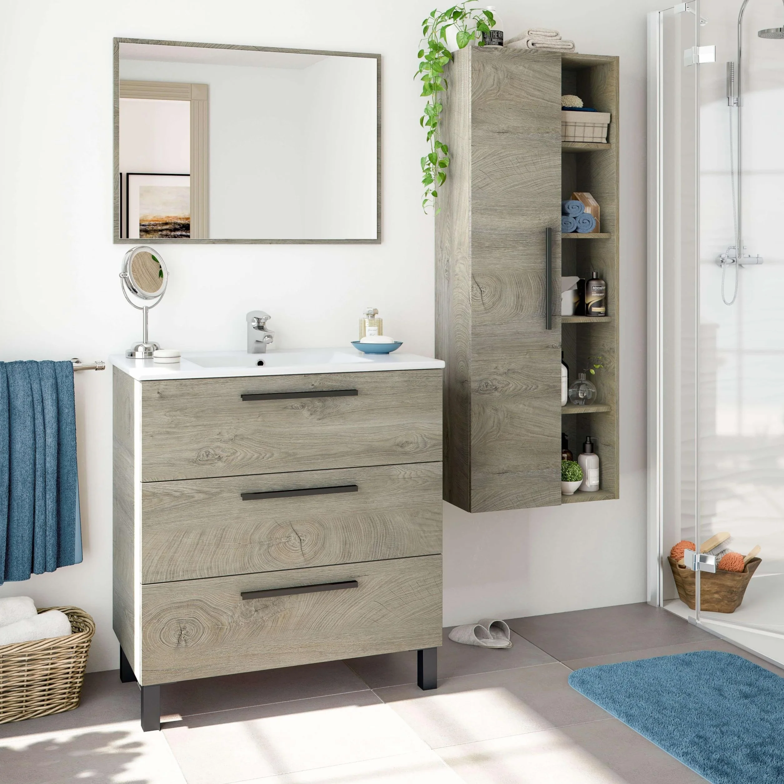 ARKITMOBEL Mueble de Baño Athena con 3 Cajones y Espejo, Módulo de Lavabo con Patas, Color Roble Alaska, Medidas: 80x86x45 cm (Lavabo No Incluido)