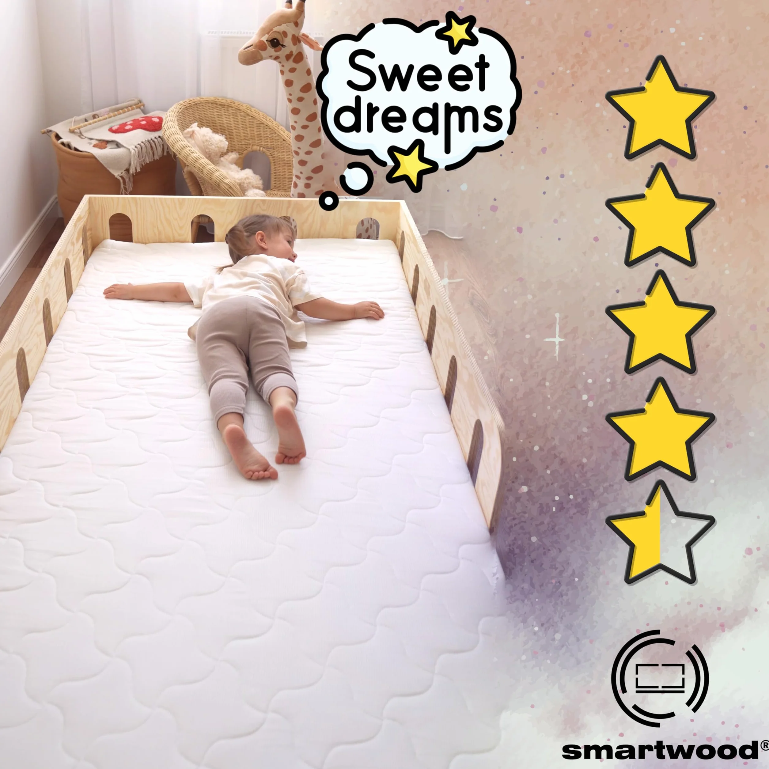 Smartwood Colchón 90x200 12cm Infantil Espuma H2 Oeko-Tex Reversible Funda Transpirable Antialérgica Lavable UE