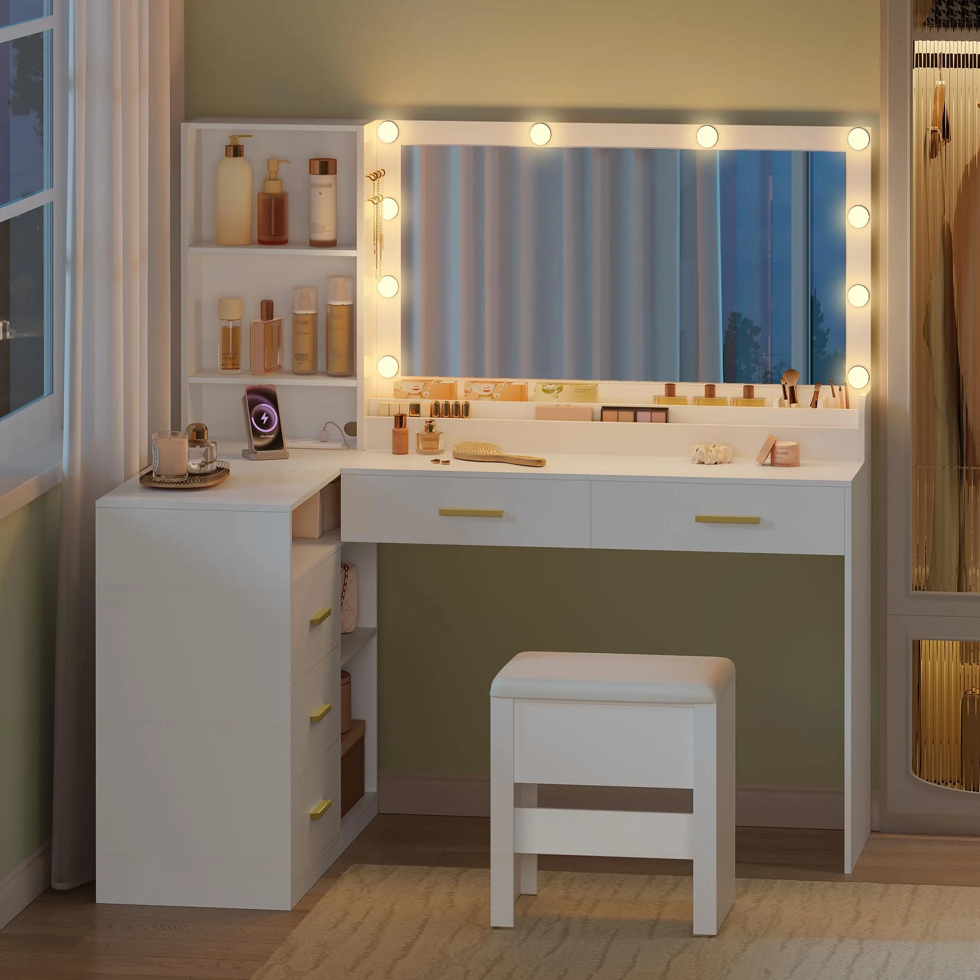 HEXCELEN Tocador de Maquillaje con Espejo LED, Brillo Ajustable, Mesa de Maquillaje con Toma de Corriente, Tocador con Taburete, 5 Cajones, Estantes de Almacenamiento, 40 × 120 × 139 cm, Blanco