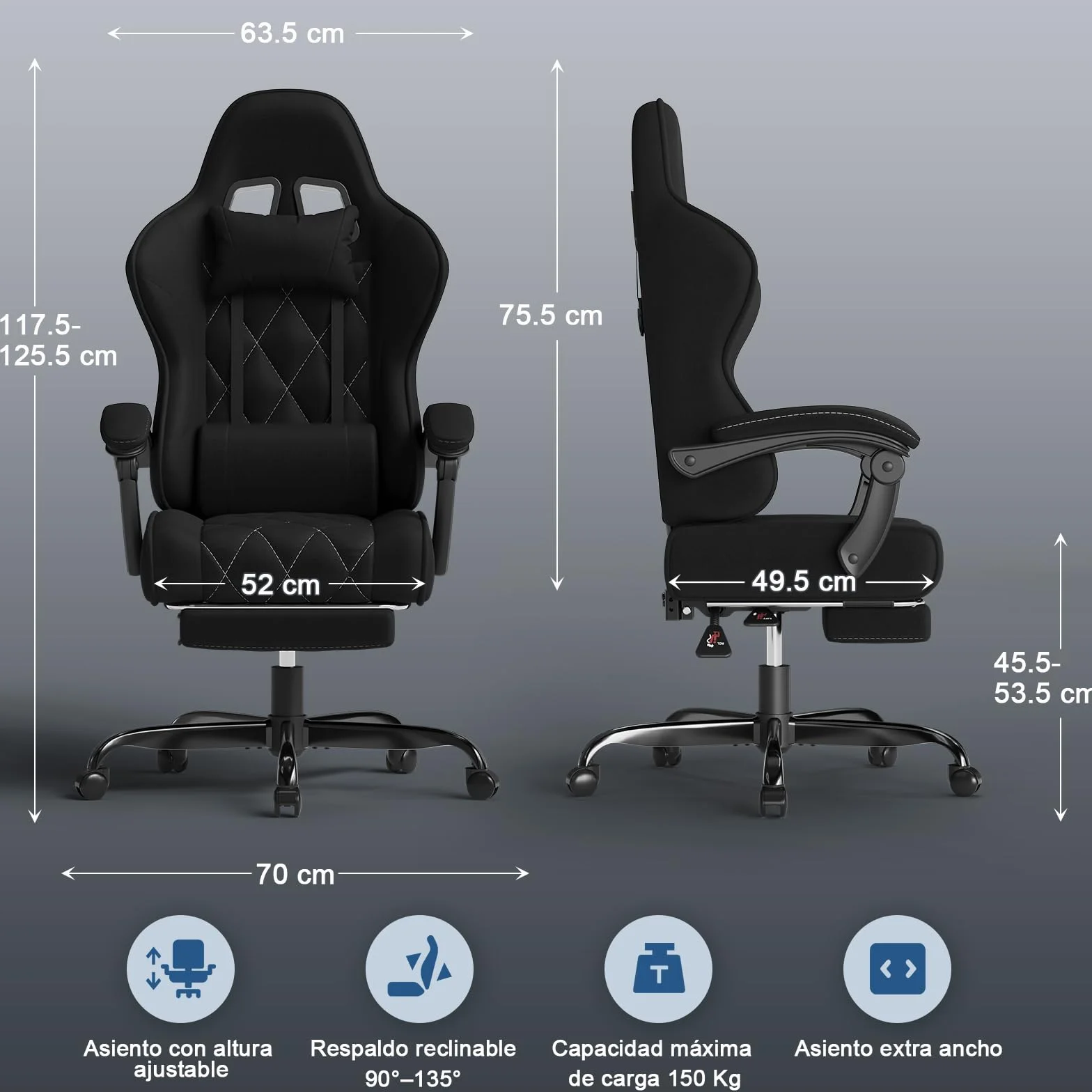 Devoko Silla Gaming Ergonómica de Tela Transpirable con Masaje Lumbar y Reposapiés Retráctil, Reclinable, 150 kg, Negro