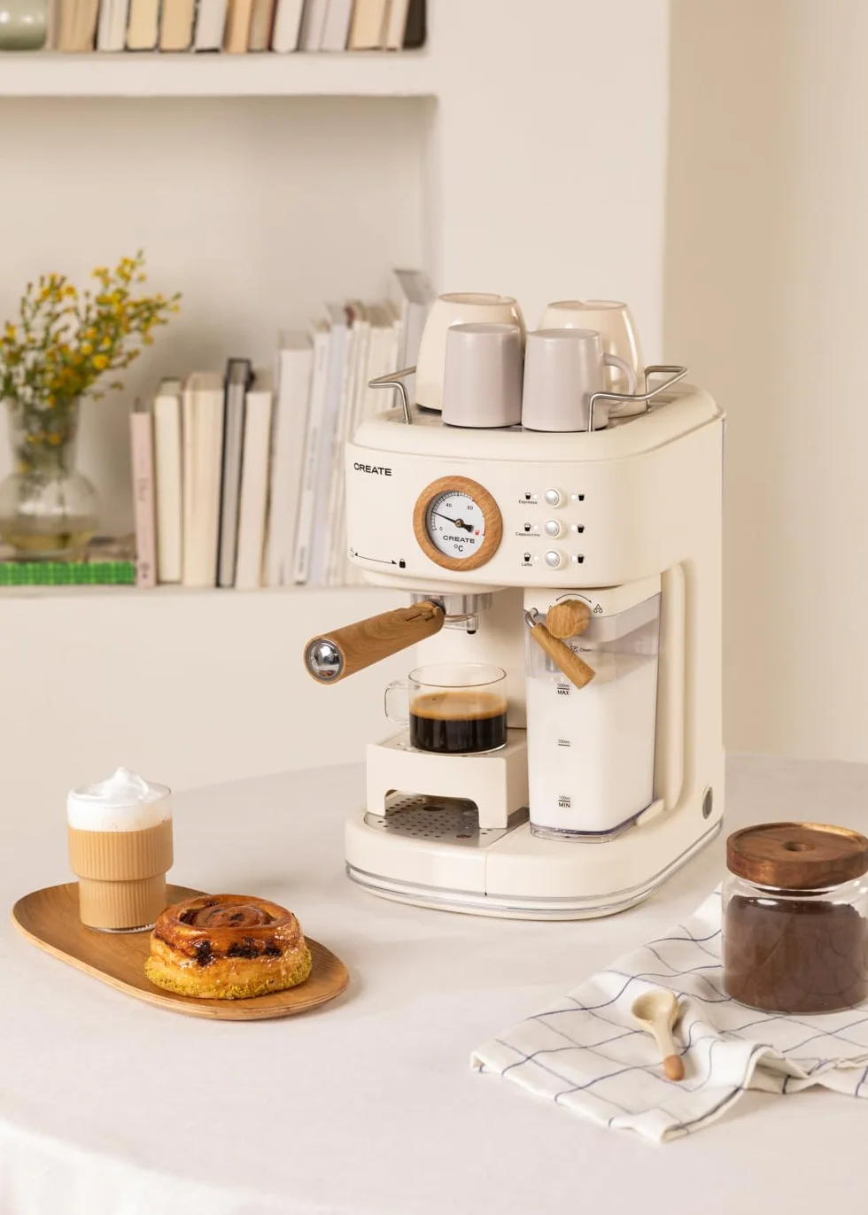 CREATE / THERA RETRO PRO/Cafetera Express semiautomática Blanco Roto / 20 bares, depósito de leche, bandeja de goteo, dos salidas,capacidad 1,5l, para café molido, 1250W