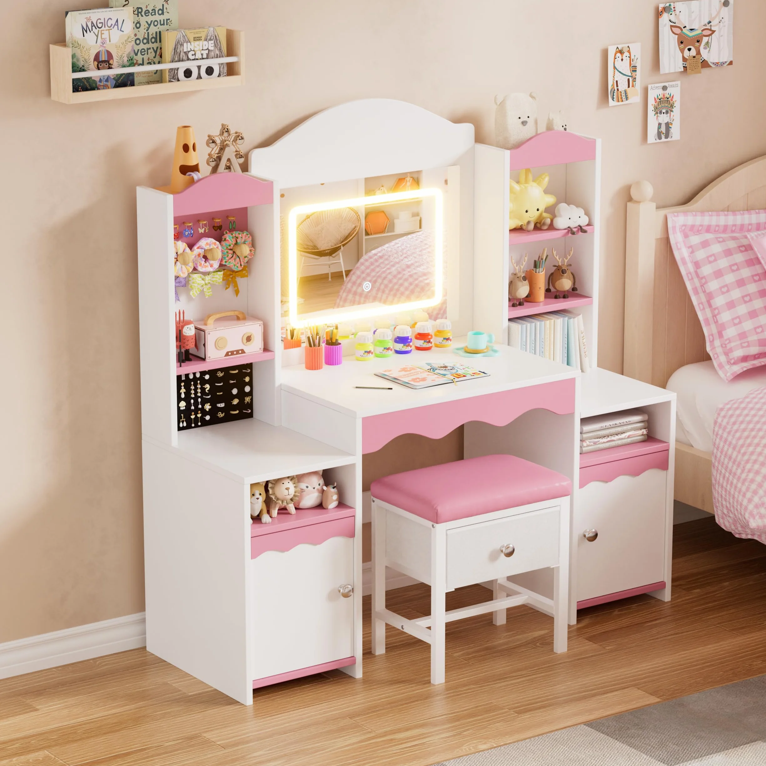 MSFE 2 en 1 Tocador Niña con Espejo y Luces,Mesa de Maquillaje con Taburete y Armario de Almacenamiento,Tocador de Princesa con Estantes y Soporte para Joyas,Tocador de Maquillaje para Niñas