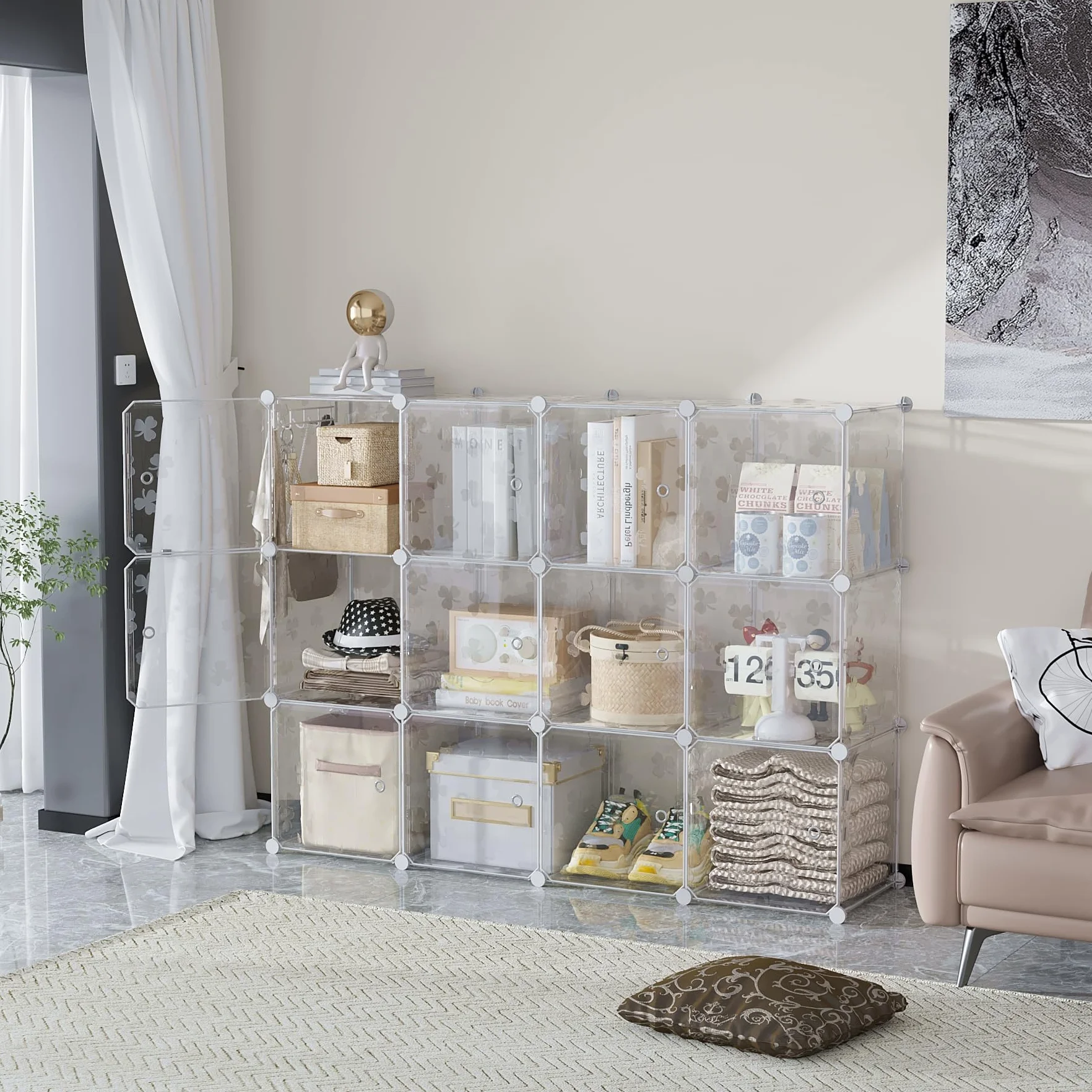 C&AHOME Organizador de Almacenamiento de 12 Cubos, Estante Modular de Plástico Transparente para Dormitorio y Sala