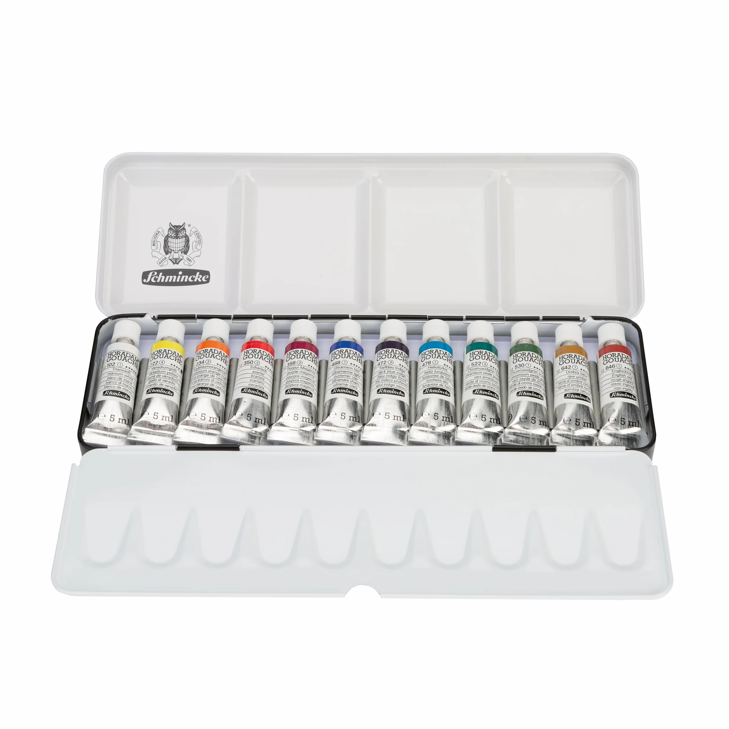 Schmincke Caja de pintura HORADAM® GOUACHE compacta caja de metal con 12 colores gouache finos y fabulosos en tubos de 5 ml, 72716097, set de pintura