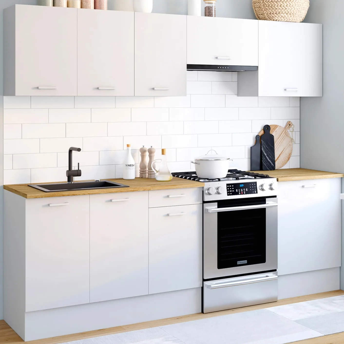 IDMarket - Cocina completa 240 cm sutil con encimera 7 elementos blanco y bandejas de madera