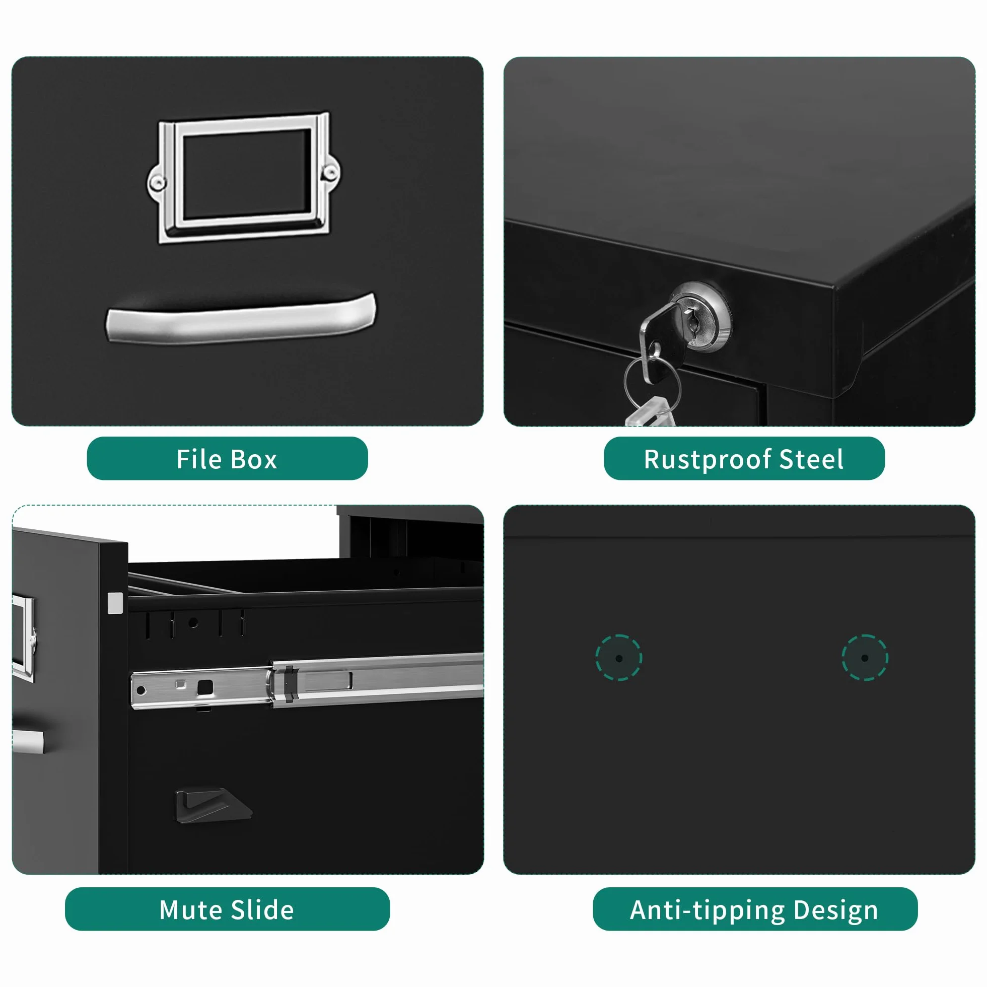 YITAHOME Archivador vertical con 4 cajones, con cerradura para tamaño carta/legal/A4, cajones de almacenamiento antivuelco con ranura para tarjetas de taco para oficina en casa, negro, 45,8 x 45 x 133