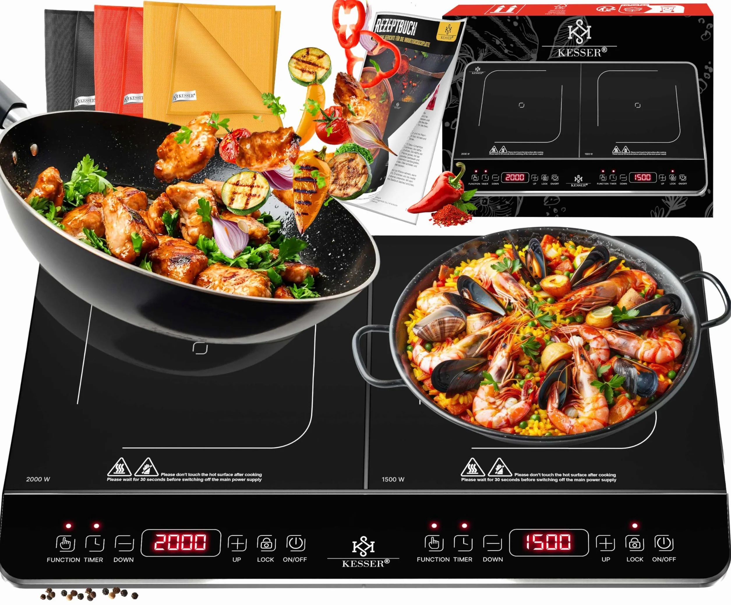 KESSER® Placa de inducción 2 placa 3500W Placa portátil de 57cm + 3 paños de microfibra + 1x libro de recetas, 8 ajustes de calor, temporizador, control táctil, función booster