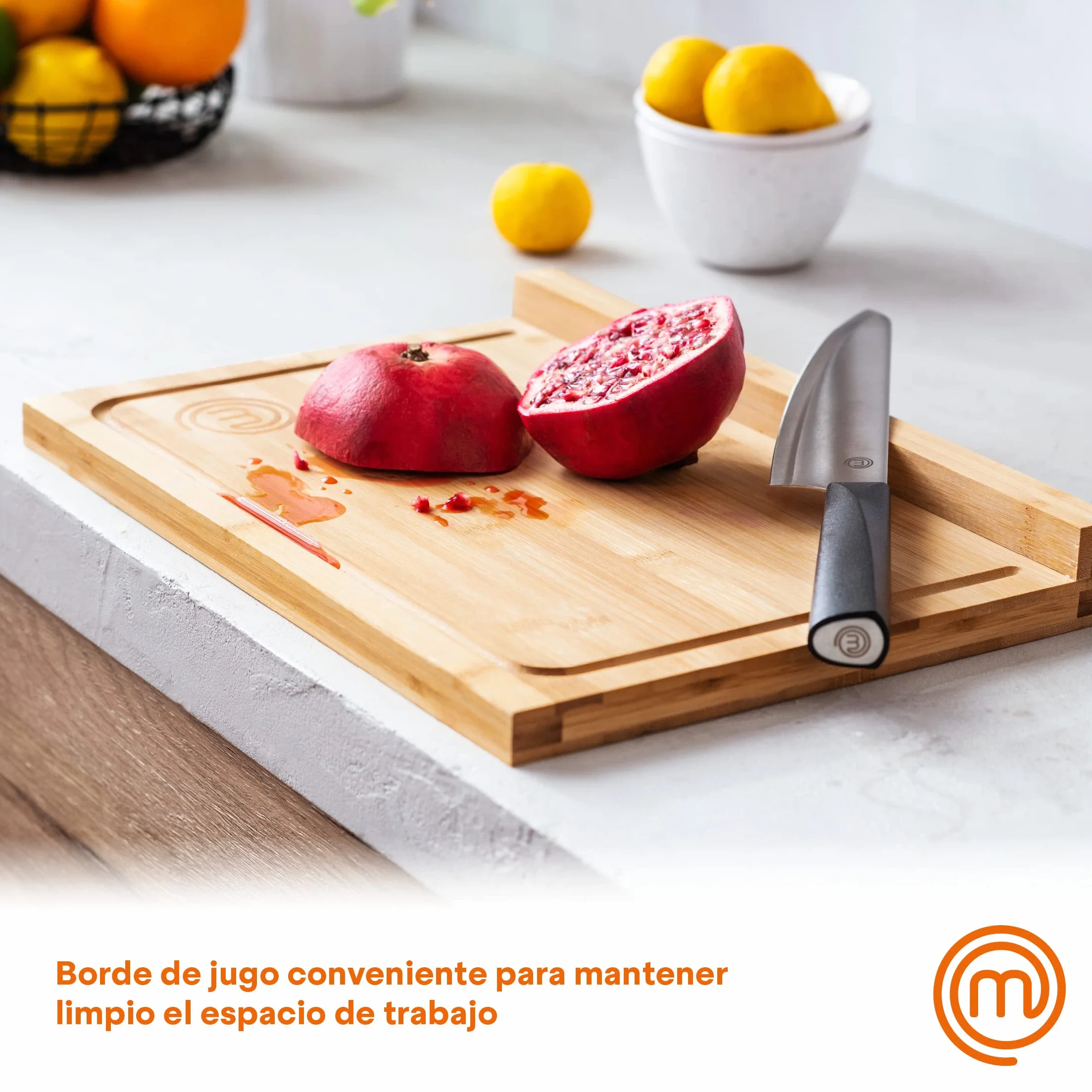 MasterChef Tabla de Cortar Madera Bambú Encimera para Carne Jamón Pan Quesos con Ranura Jugos Natural Sostenible