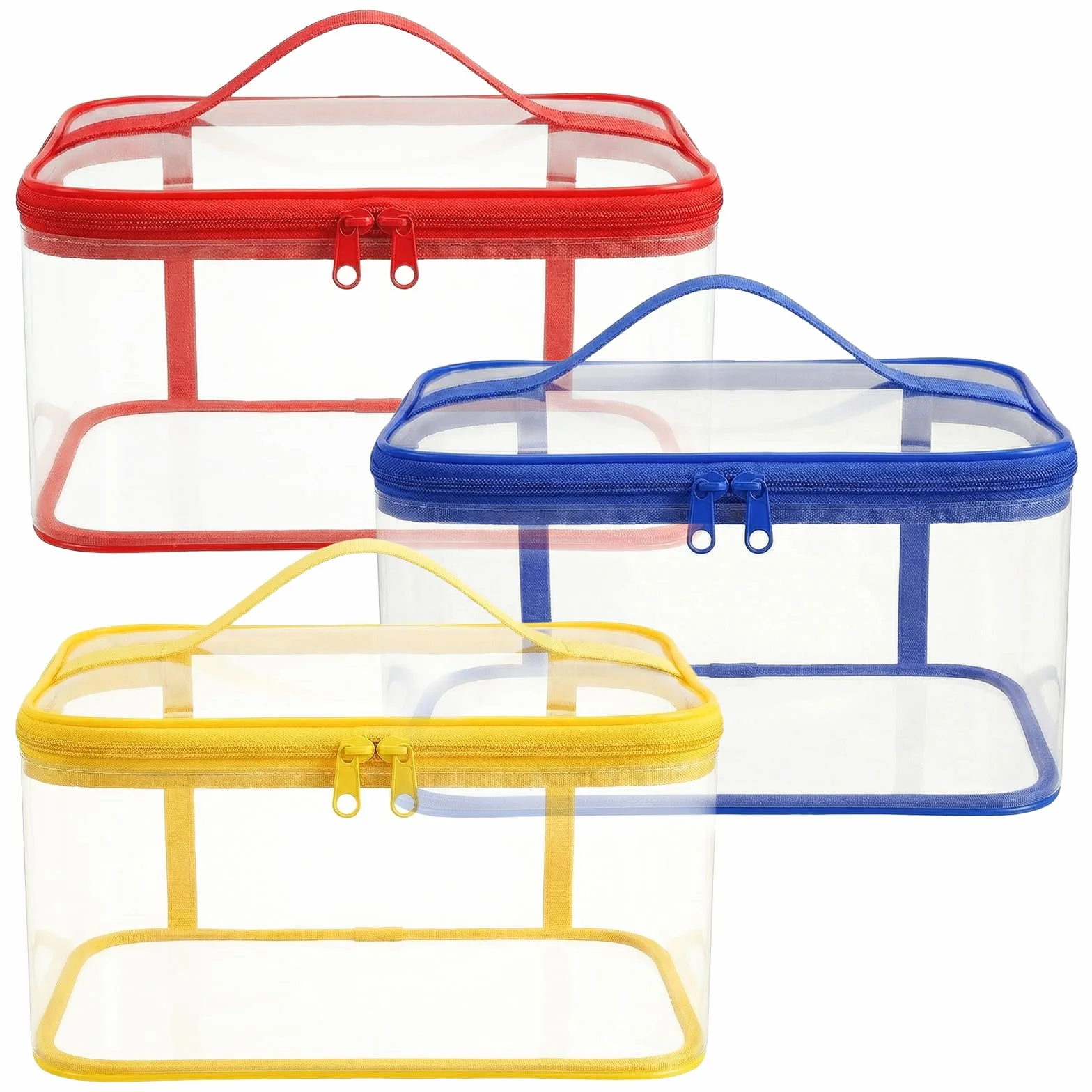 3 bolsas organizadoras de almacenamiento de juguetes transparentes de PVC con asa de doble cremallera, fáciles de limpiar para bloques de construcción, juguetes pequeños, rojo, amarillo y azul