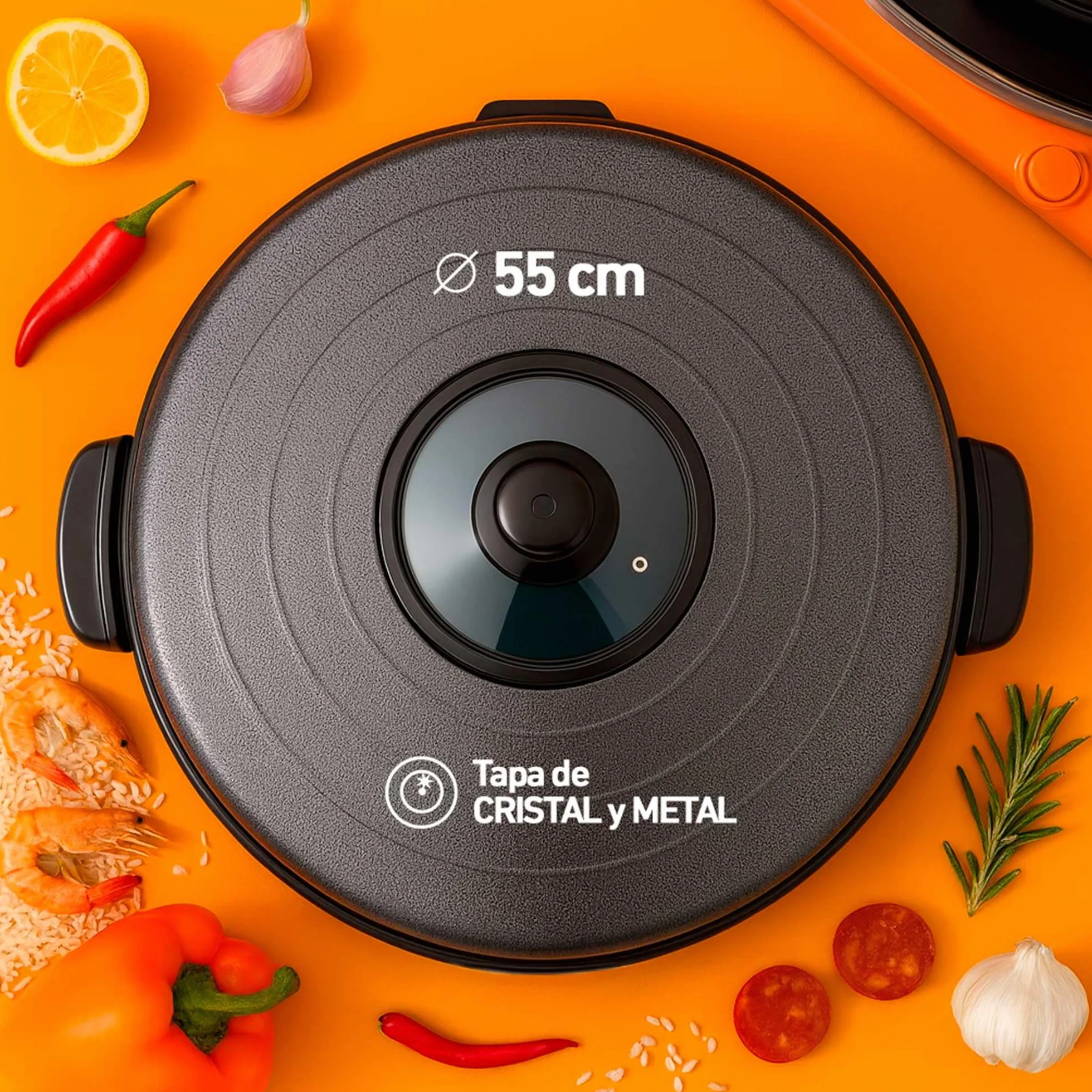 Jata PE550 - Paellera Eléctrica 55 cm con Tapa, Sartén Eléctrica Multifunción Antiadherente, 1900W, Gran Capacidad para Paellas, Guisos, Arroces y Reuniones Familiares