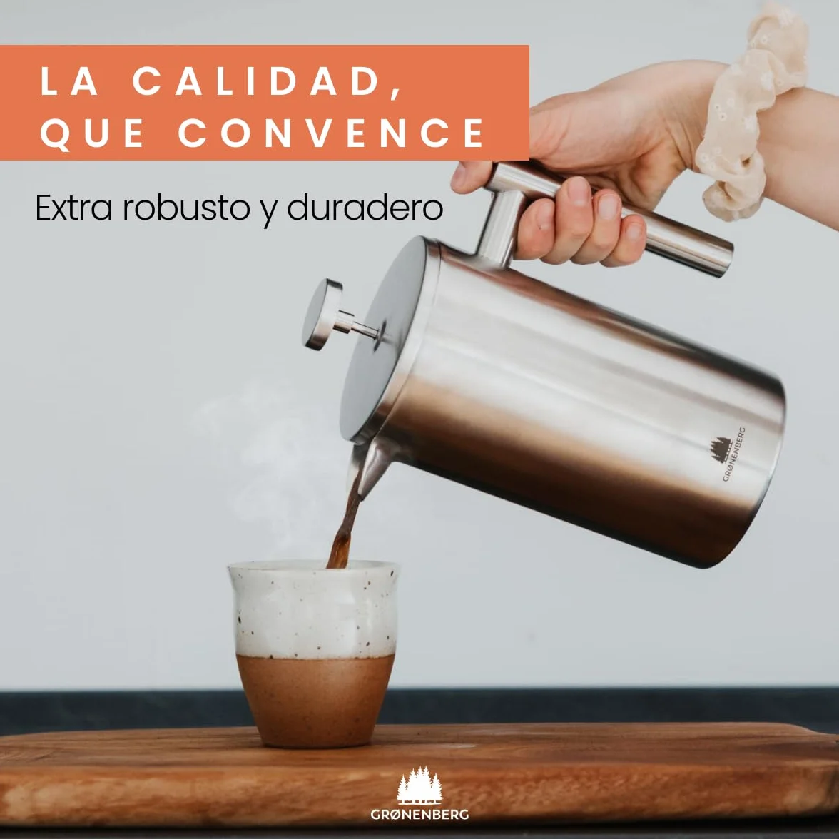 Groenenberg Cafetera francesa I Prensa francesa con filtros de repuesto I French Press 0,6 litro I Cafetera embolo en acier inox con función térmica