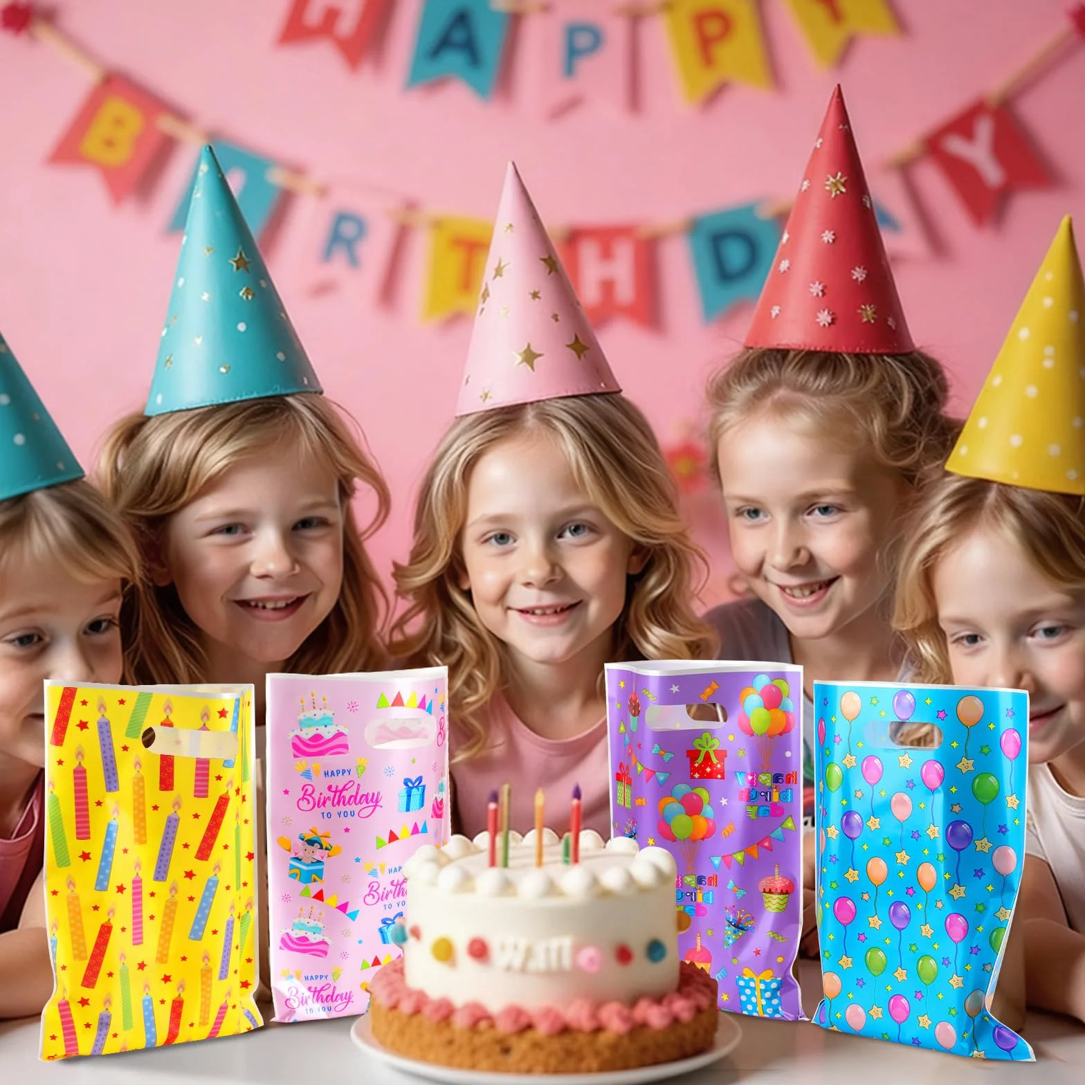 Annhao 50 Piezas Bolsas Cumpleaños Infantil, Bolsas Regalo Cumpleaños de Chuches Galletas, Bolsitas Infantiles para Regalos Fiestas de Cumpleaños, Navidad, Bodas, Celebraciones (4 Colores)