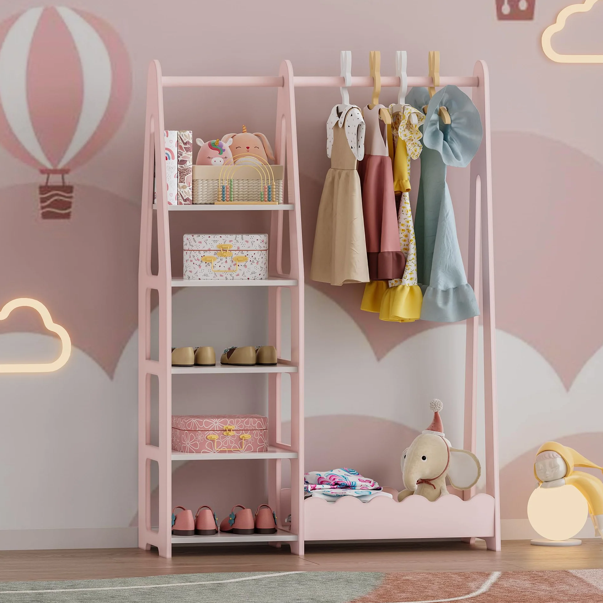 Perchero Burro Infantil Vestnes con Estantería 114 x 77 x 30 cm - Rosa/Blanco