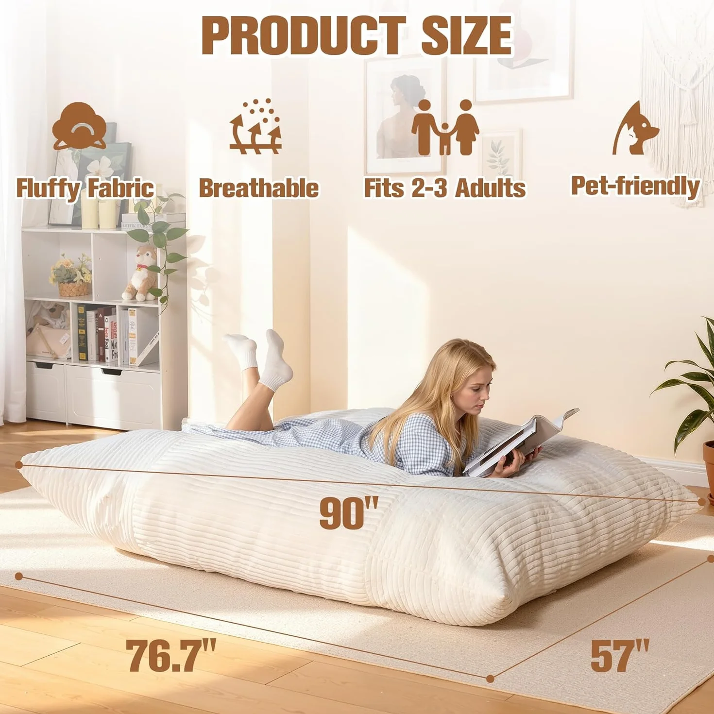 NALONE Puff Salon con Relleno Incluido de Lujo XXXL, 4-en-1 Sofa Puf Gigante Sillón De Bean Bag De 195 cm, Piso con Cubierta De Franela Y Lavable para Dormitorio Y Salón (Blanco)