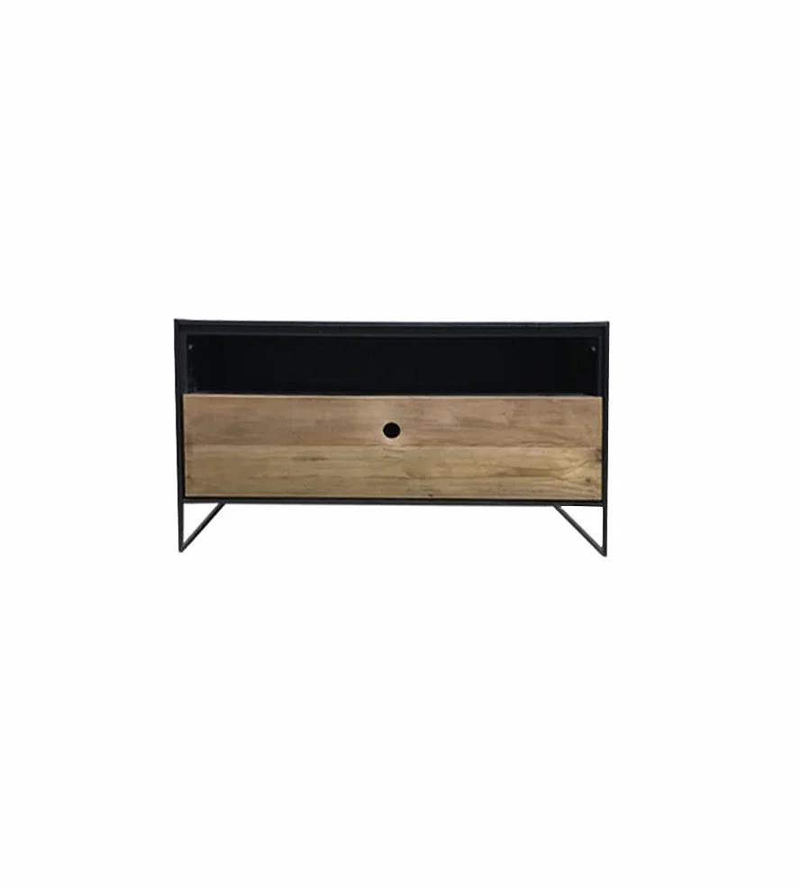Muebletmoi - Mesa baja contemporánea de 80 cm con metal y pino reciclado con un cajón de almacenamiento, colección Chalet