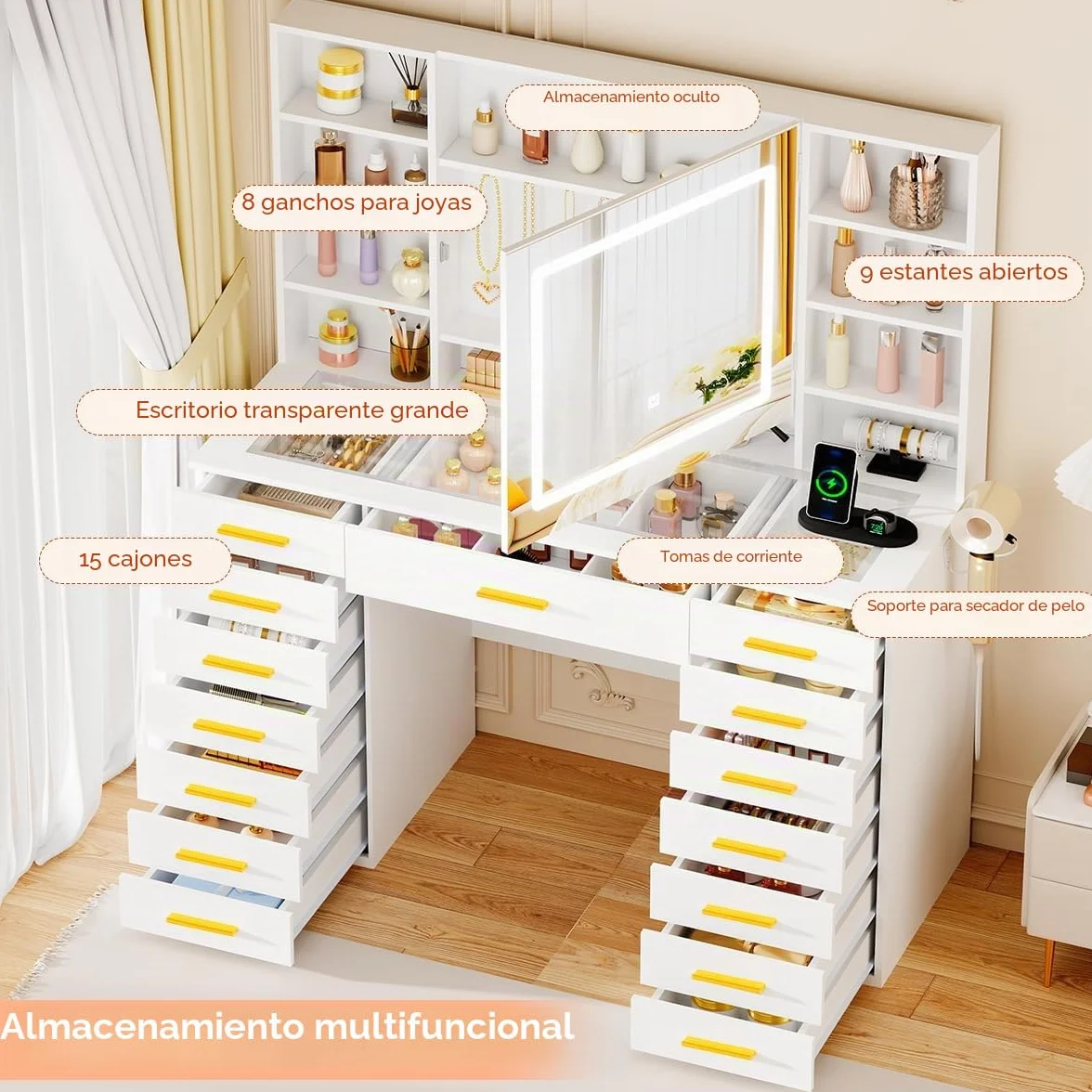 ANWBROAD Grande Tocador con Espejo y Luces LED, Brillo Ajustable,Tapa de Vidrio y Enchufes, Moderno Mesa de Maquillaje con 15 Cajones 9 Estantes Abiertos 8 Ganchos,Tocador de Maquillaje Blanco BDT25W