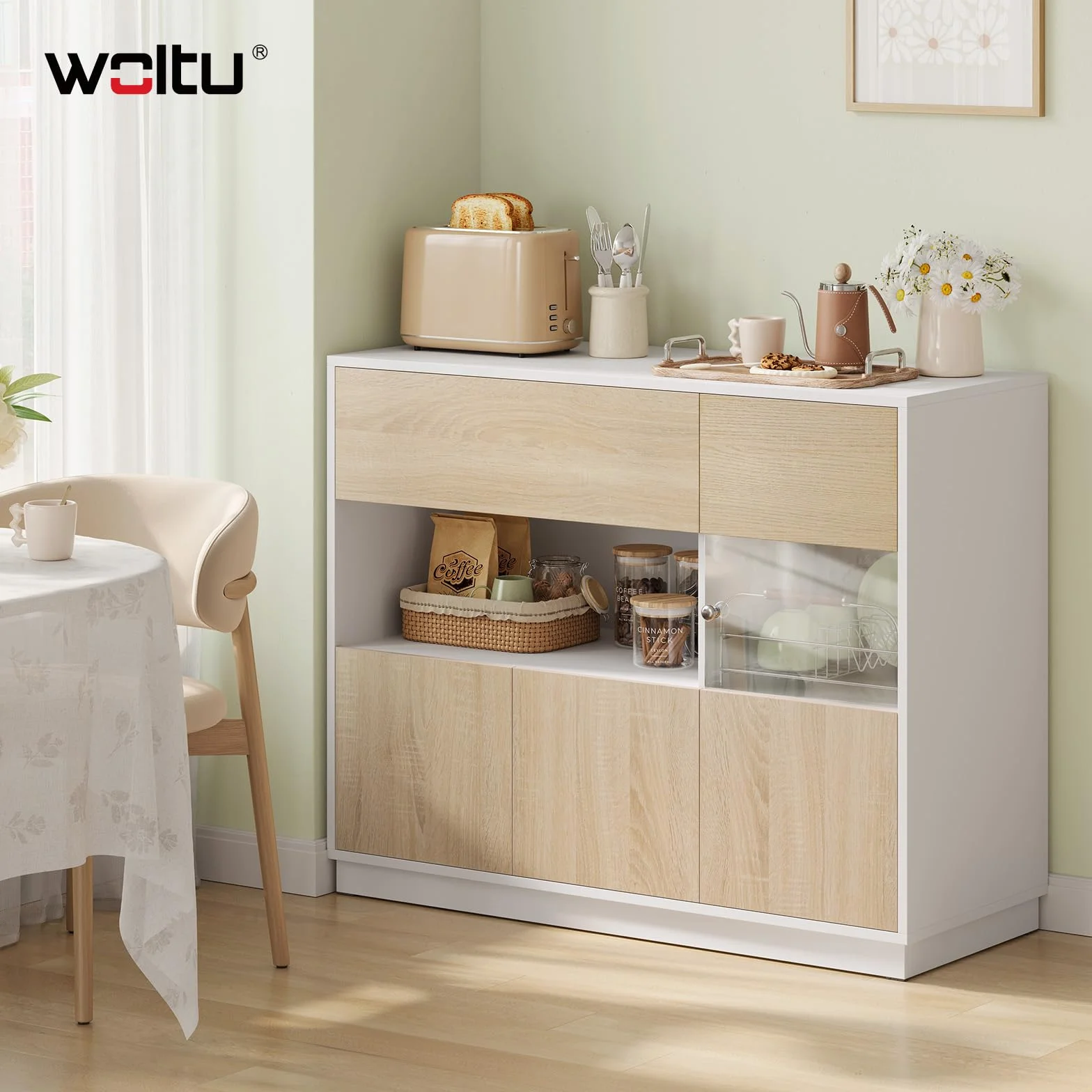 WOLTU Aparador Cocina, Buffet Cocina con Cajones, Zona Abierta y Puerta Transparente, Mueble Auxiliar para Comedor, Salón y Cocina, 100x40x80 cm, Roble Claro+Blanco