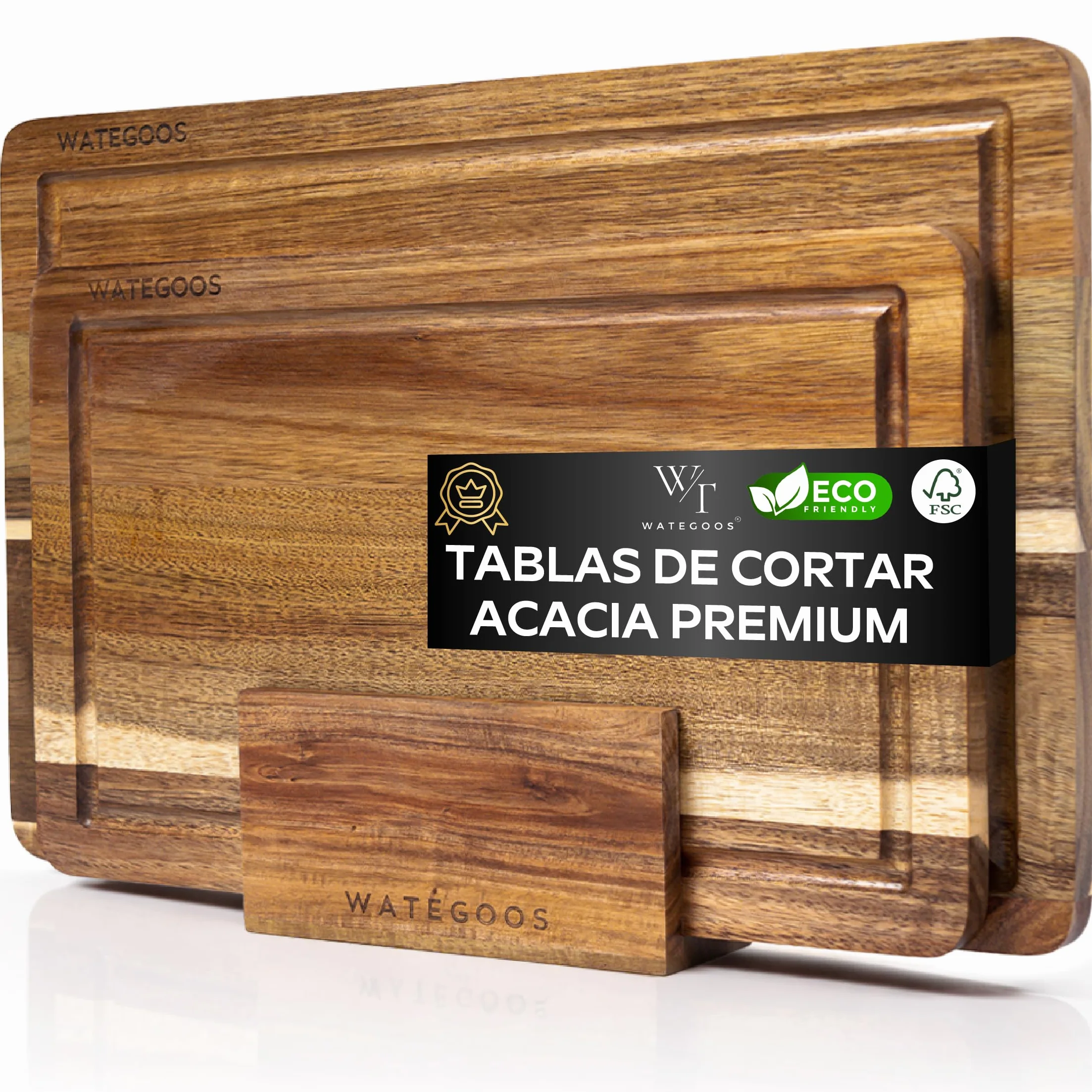2 Pack Tablas de Cortar Madera Acacia con Soporte para Quesos - Ecológica Resistente Antibacteriana