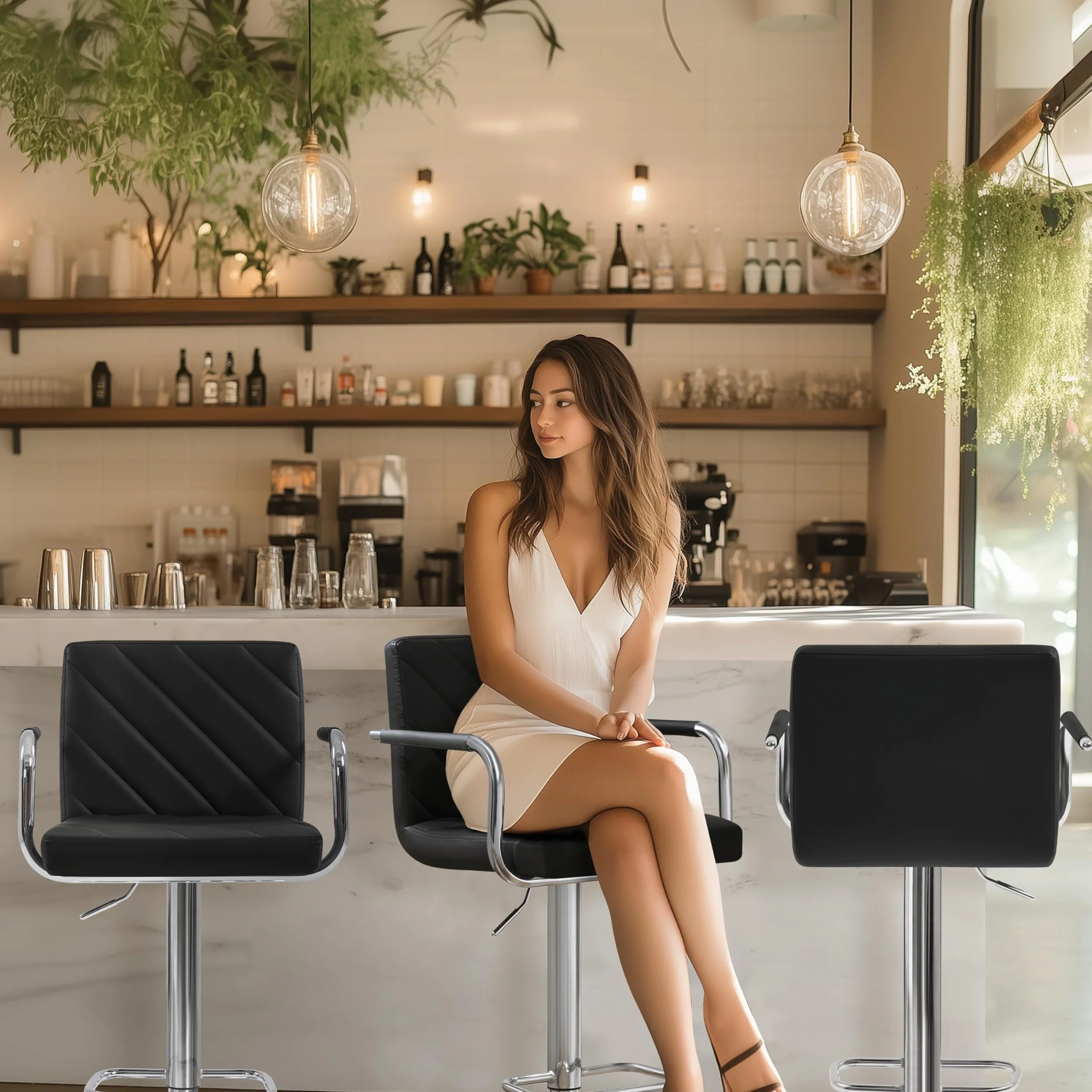 Yaheetech Juego de 2 Taburetes de Bar de Polipiel Sillas de Bar Giratorias de Altura Ajustable con Respaldo Reposapiés Reposabrazos para Bar Cocina Hogar Negro