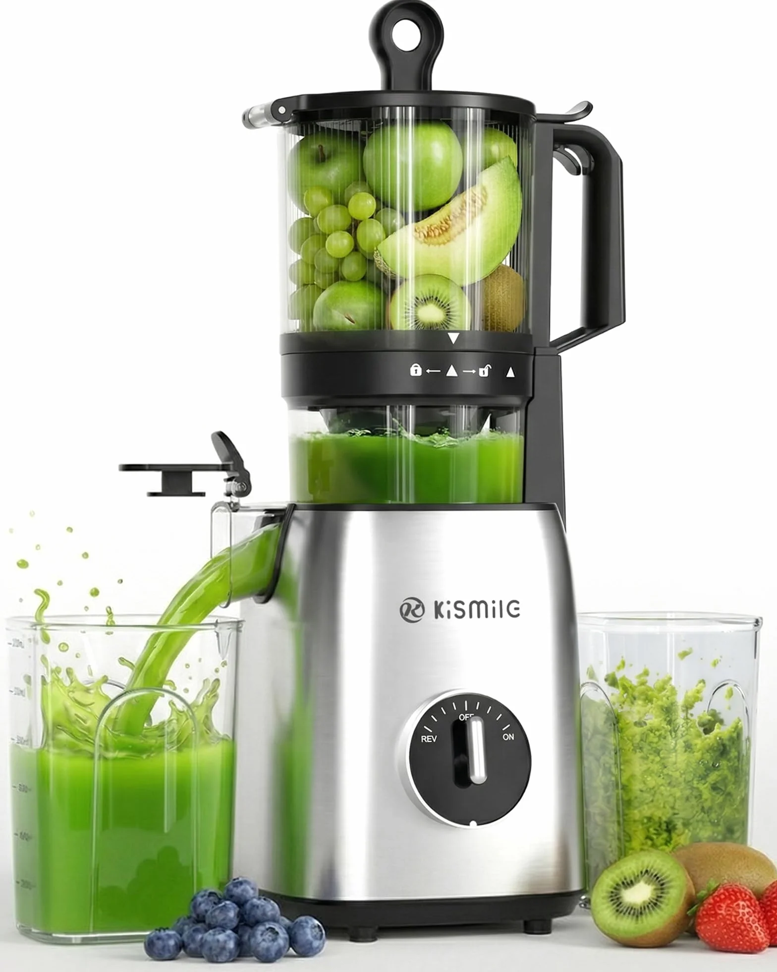 Kismile Exprimidor lento con varilla de llenado XL de 135 mm, alto rendimiento de jugo para frutas y verduras enteras, fácil de limpiar, diseño delgado con perilla giratoria