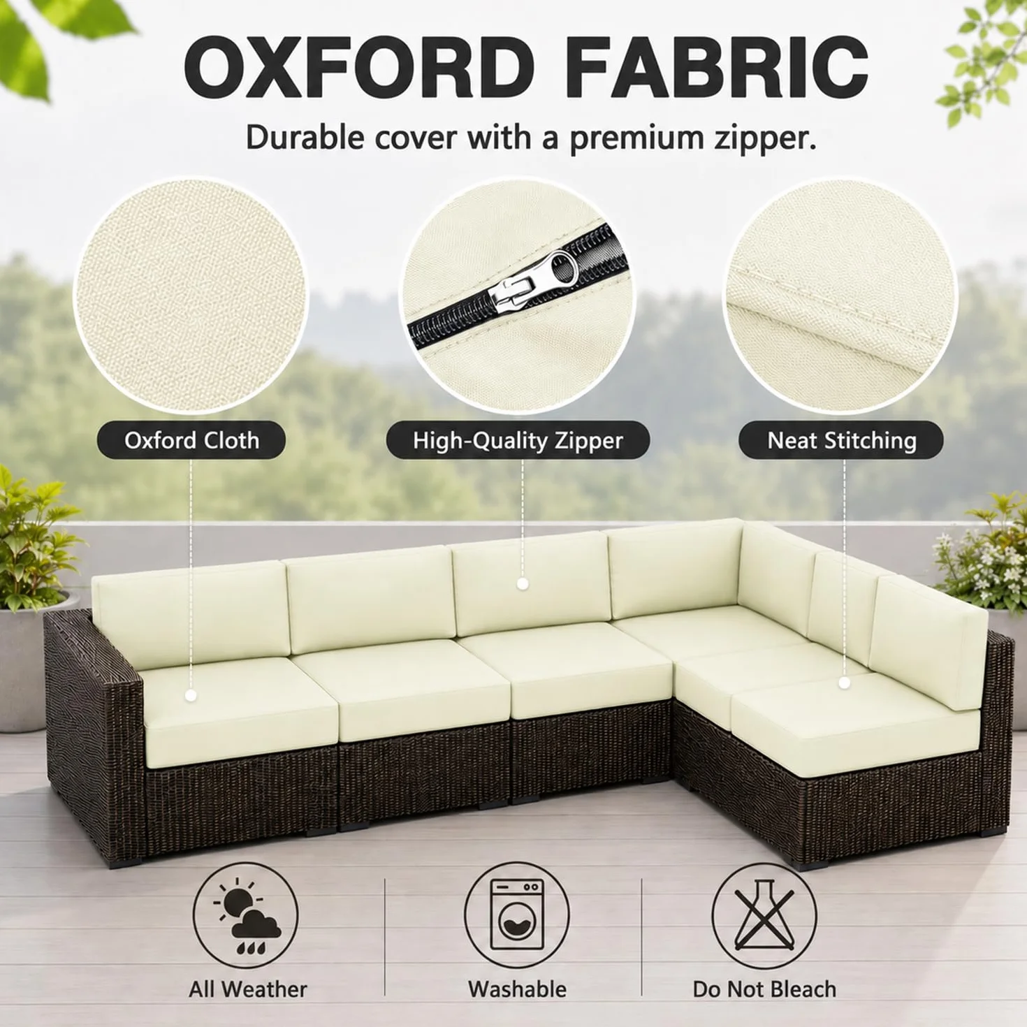 Hiseng Fundas Cojín Asiento 2 Piezas Impermeables Jardín Exterior Cremallera 50x55x10cm Beige