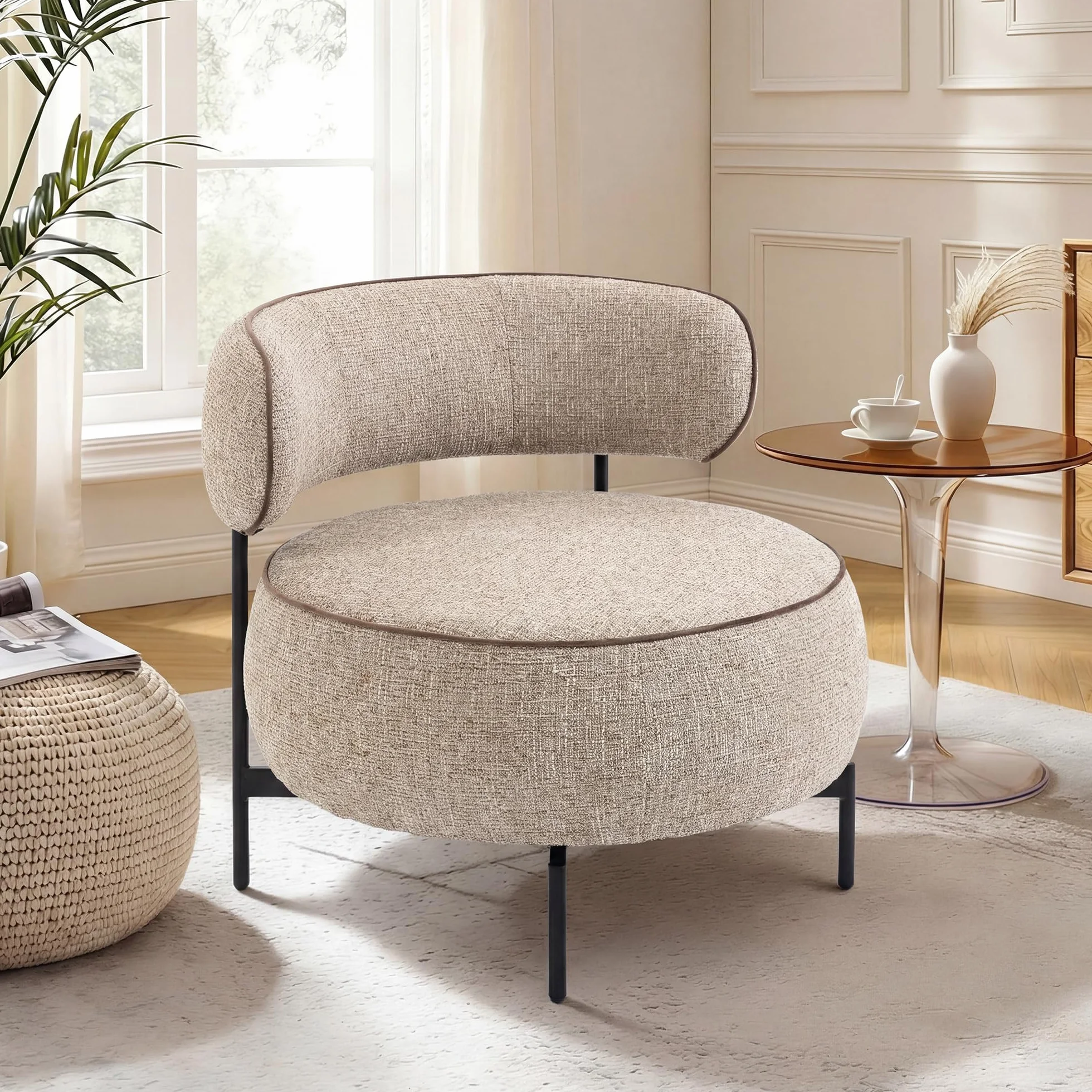 HOMCOM Butaca de Salón con Asiento Giratorio, Sillón de Salón, Tapizado en Lino, con Asiento Amplio, Acolchado Grueso, Patas de Metal para Dormitorio, Lectura, Beige