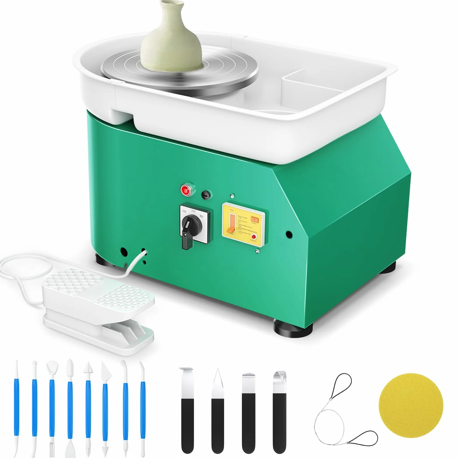 Torno Alfarero,350W Torno Ceramica 0-300r/min,25CM Rueda de Alfarero con Pedal y Lavabo Desmontable para Herramientas de Modelado para Principiante y Amante de Creación de cerámica (Verde)