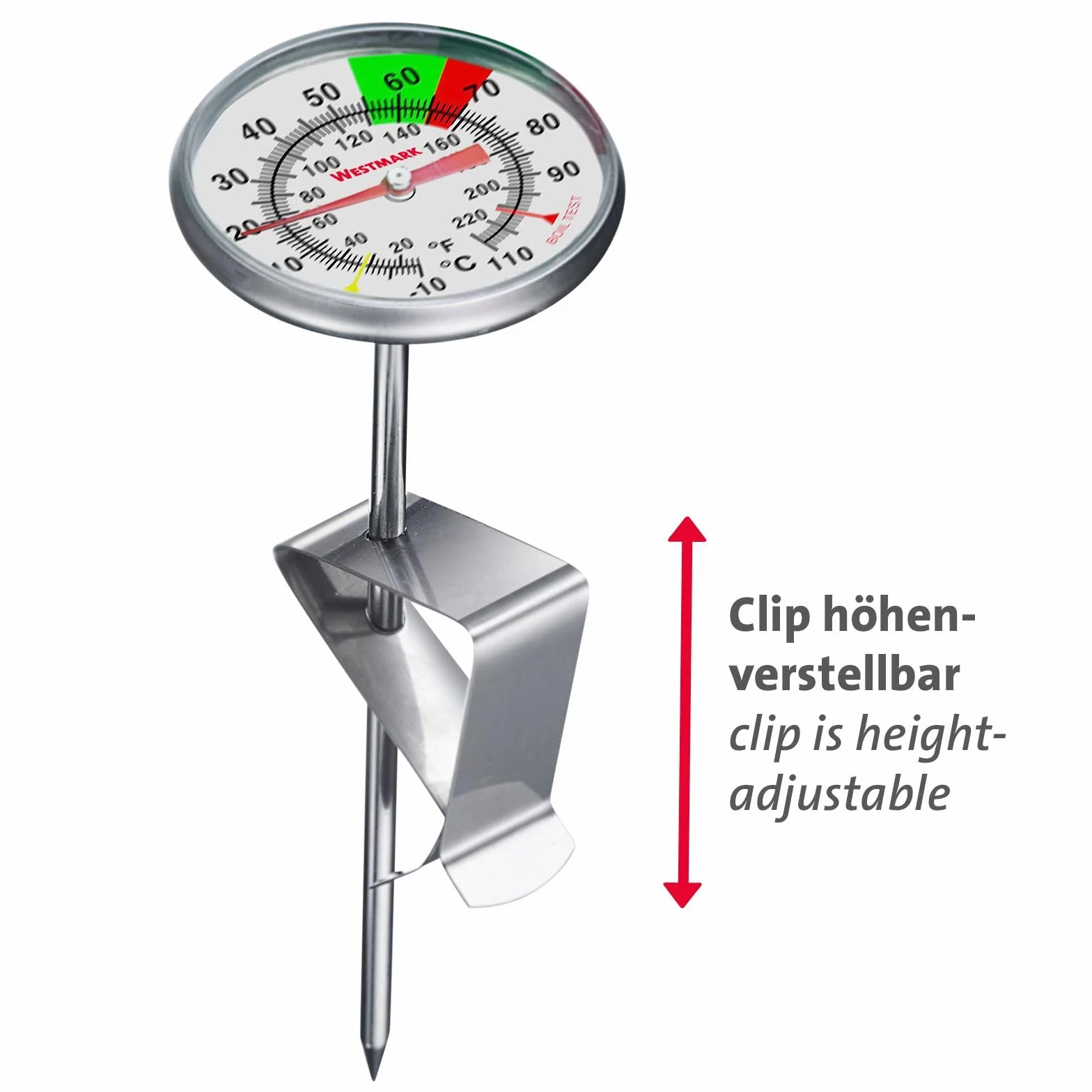 Termómetro para la leche Westmark – práctico termómetro de cocina para espumar leche, deliciosa espuma de leche para el café, termómetro de barista con pinza – acero inoxidable